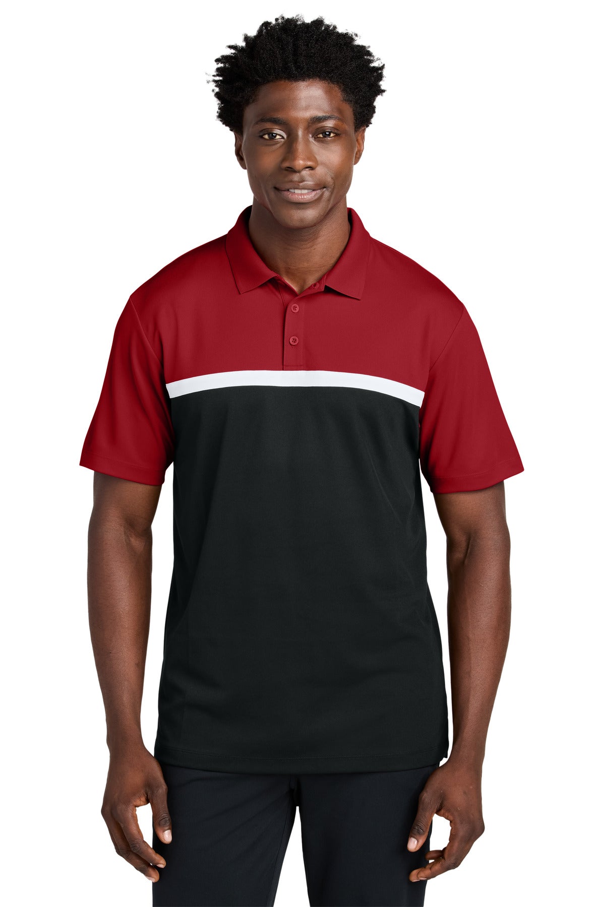 Custom logo Sport-Tek® UV Micropique Colorblock Polo ST741 in Deep Red/ Black/ White