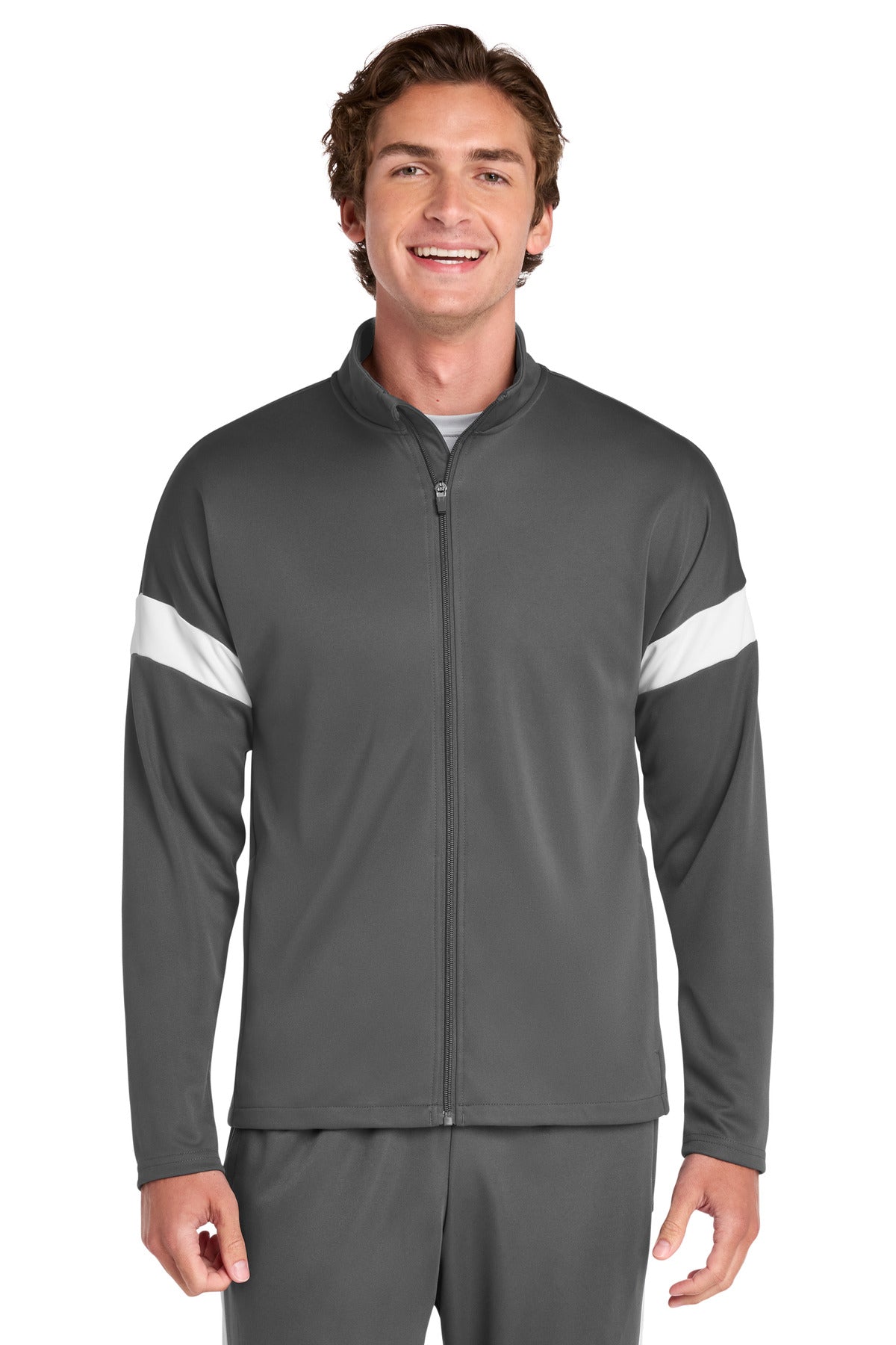 Custom logo Sport-Tek® Travel Full-Zip Jacket ST800 in Iron Grey/ White