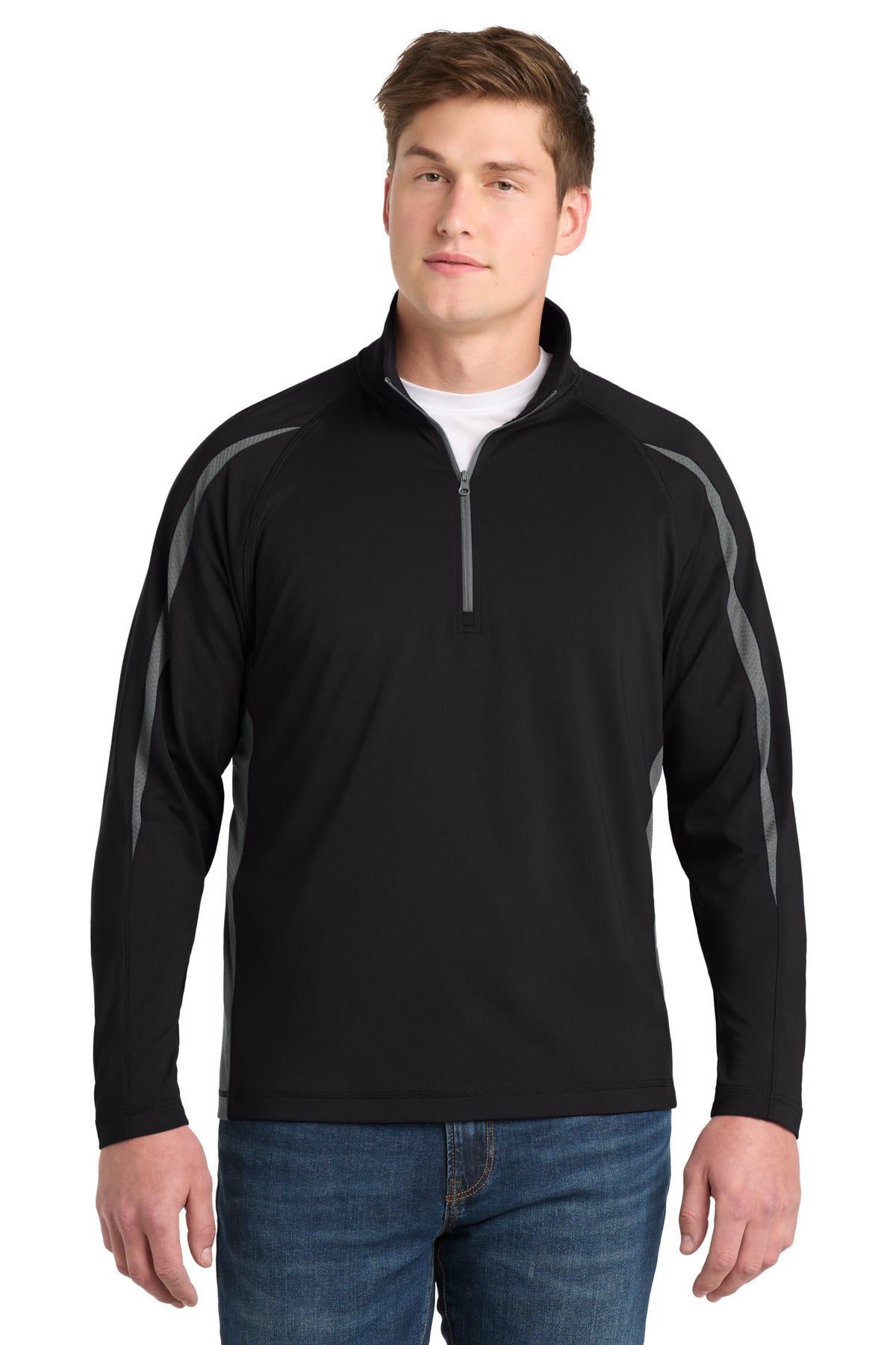 Custom logo Sport-Tek® Sport-Wick® Stretch 1/4-Zip Colorblock Pullover. ST851 in Black/ Charcoal Grey