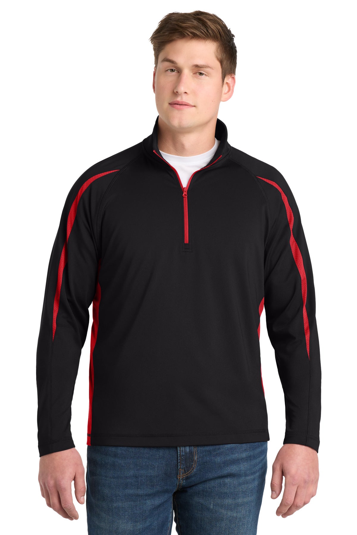 Custom logo Sport-Tek® Sport-Wick® Stretch 1/4-Zip Colorblock Pullover. ST851 in Black/ True Red