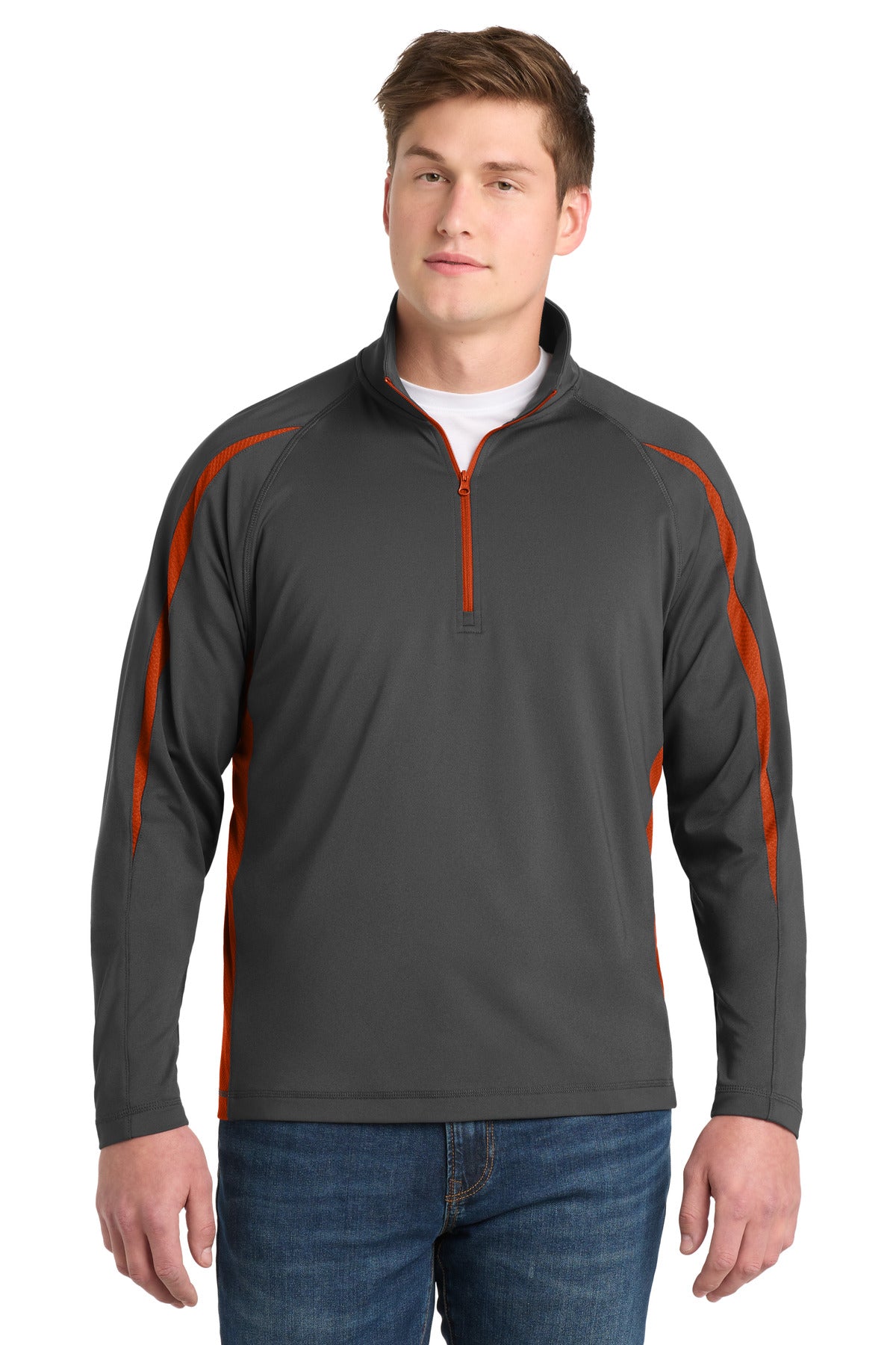 Custom logo Sport-Tek® Sport-Wick® Stretch 1/4-Zip Colorblock Pullover. ST851 in Charcoal Grey/ Deep Orange