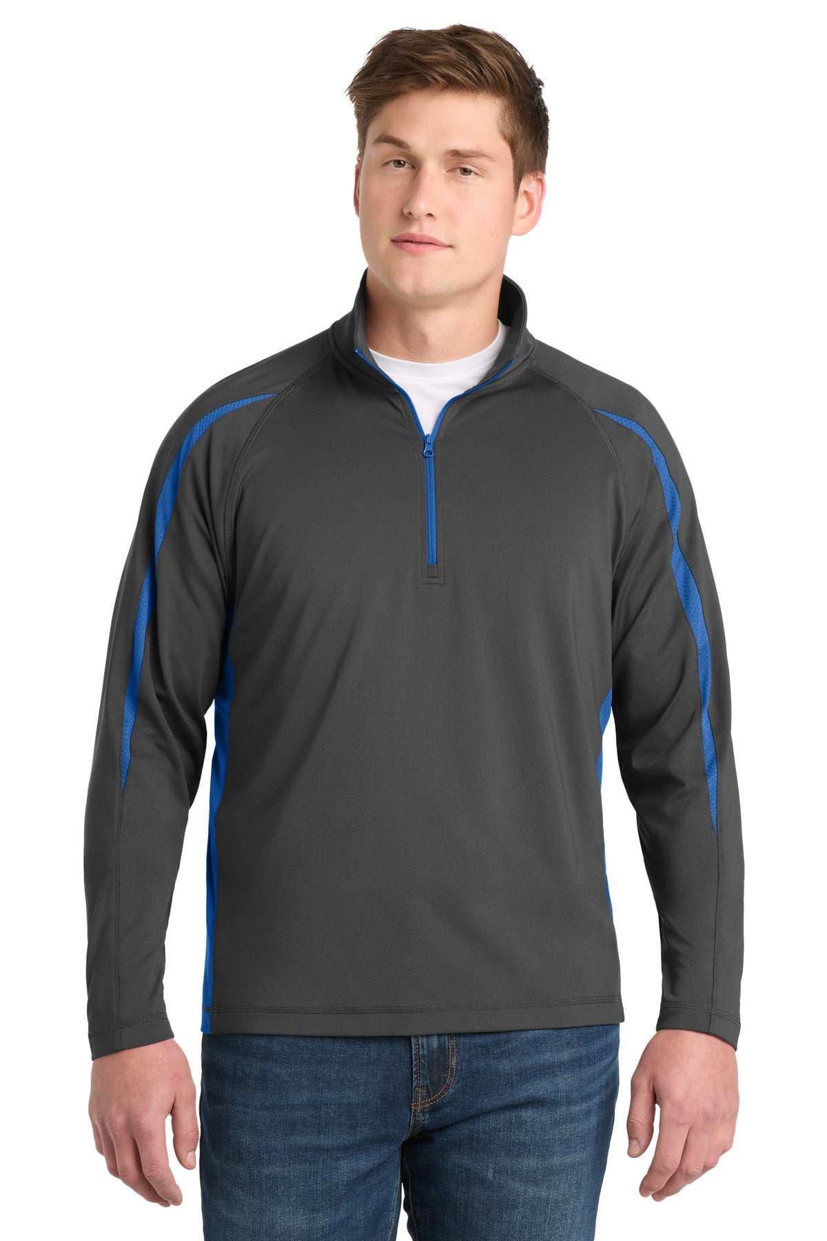 Custom logo Sport-Tek® Sport-Wick® Stretch 1/4-Zip Colorblock Pullover. ST851 in Charcoal Grey/ True Royal