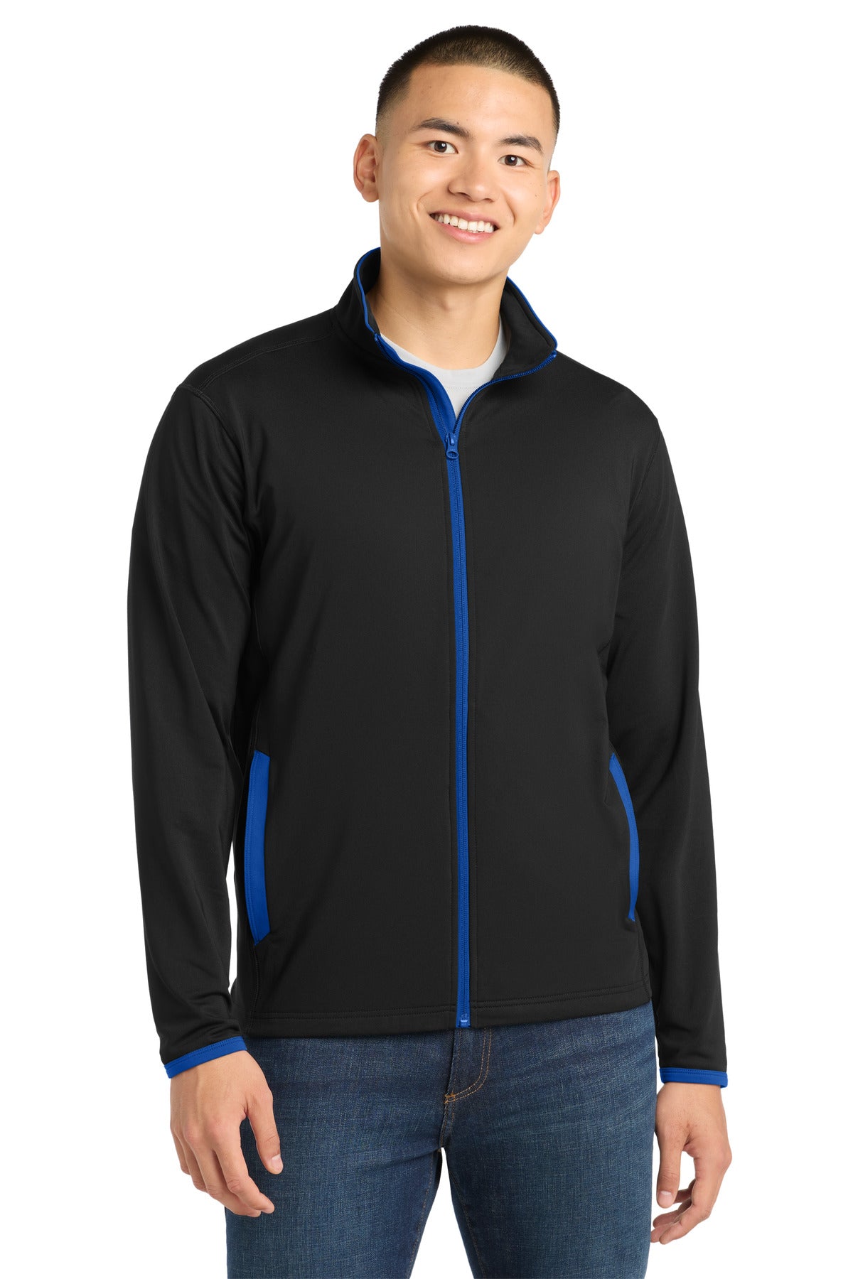 Custom logo Sport-Tek® Sport-Wick® Stretch Contrast Full-Zip Jacket.  ST853 in Black/ True Royal