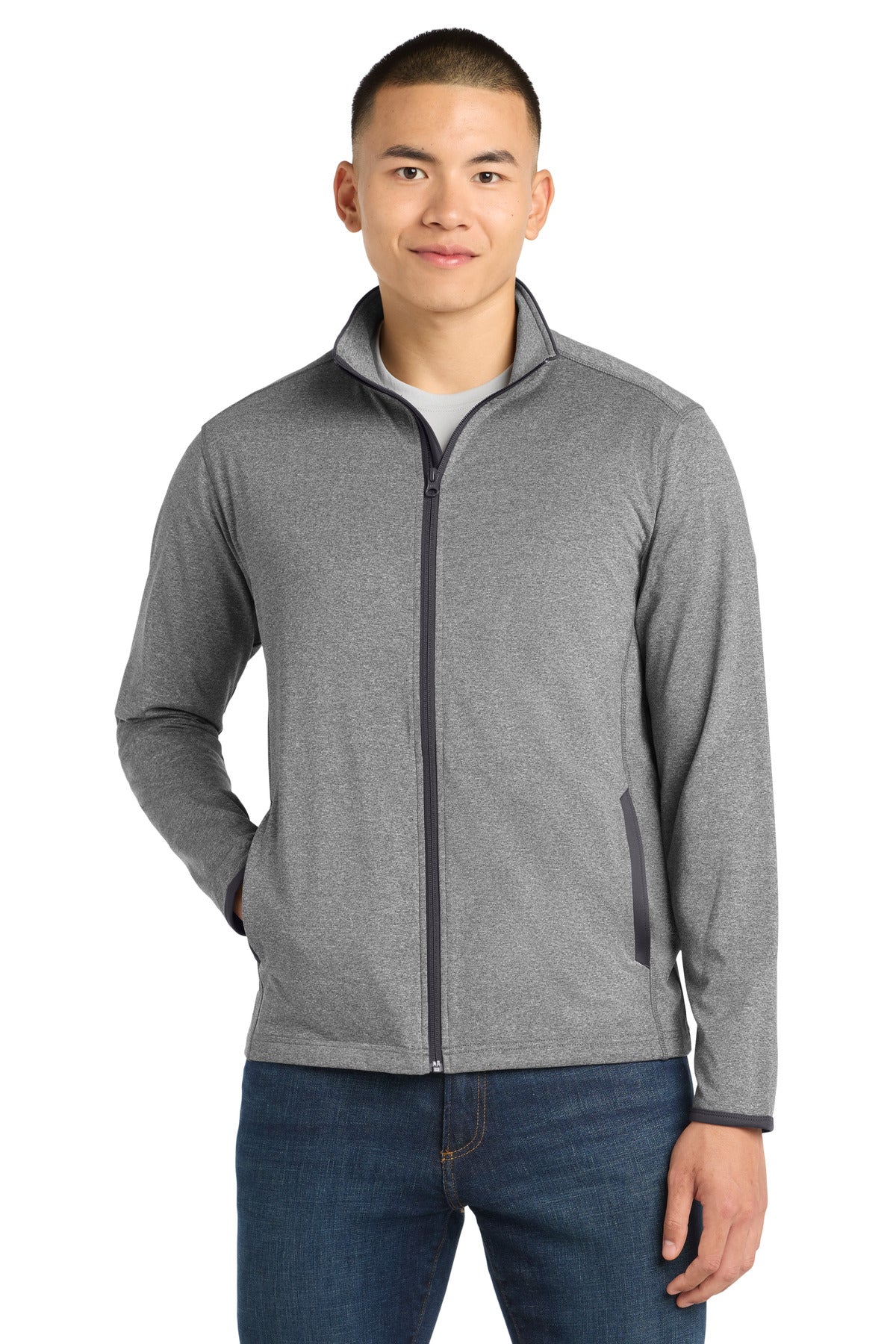 Custom logo Sport-Tek® Sport-Wick® Stretch Contrast Full-Zip Jacket.  ST853 in Charcoal Grey Heather/ Charcoal Grey