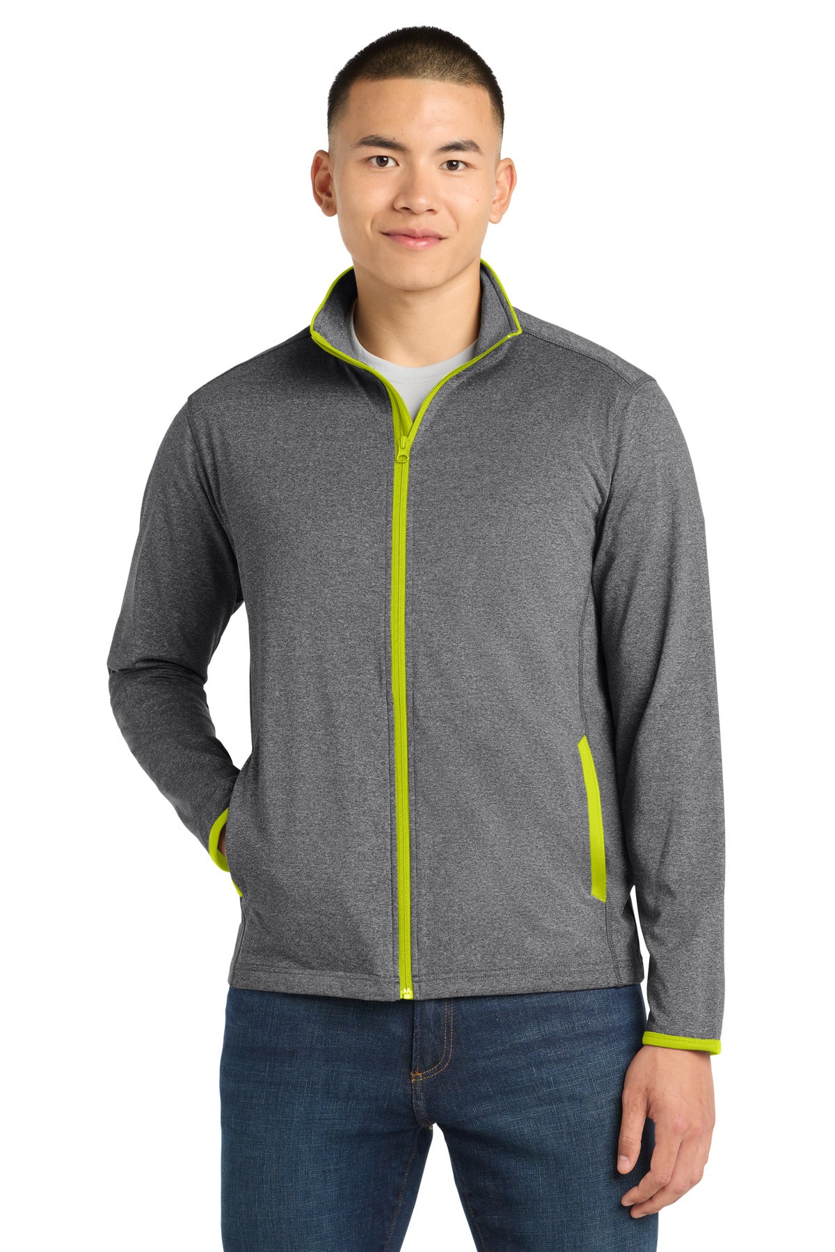 Custom logo Sport-Tek® Sport-Wick® Stretch Contrast Full-Zip Jacket.  ST853 in Charcoal Grey Heather/ Charge Green