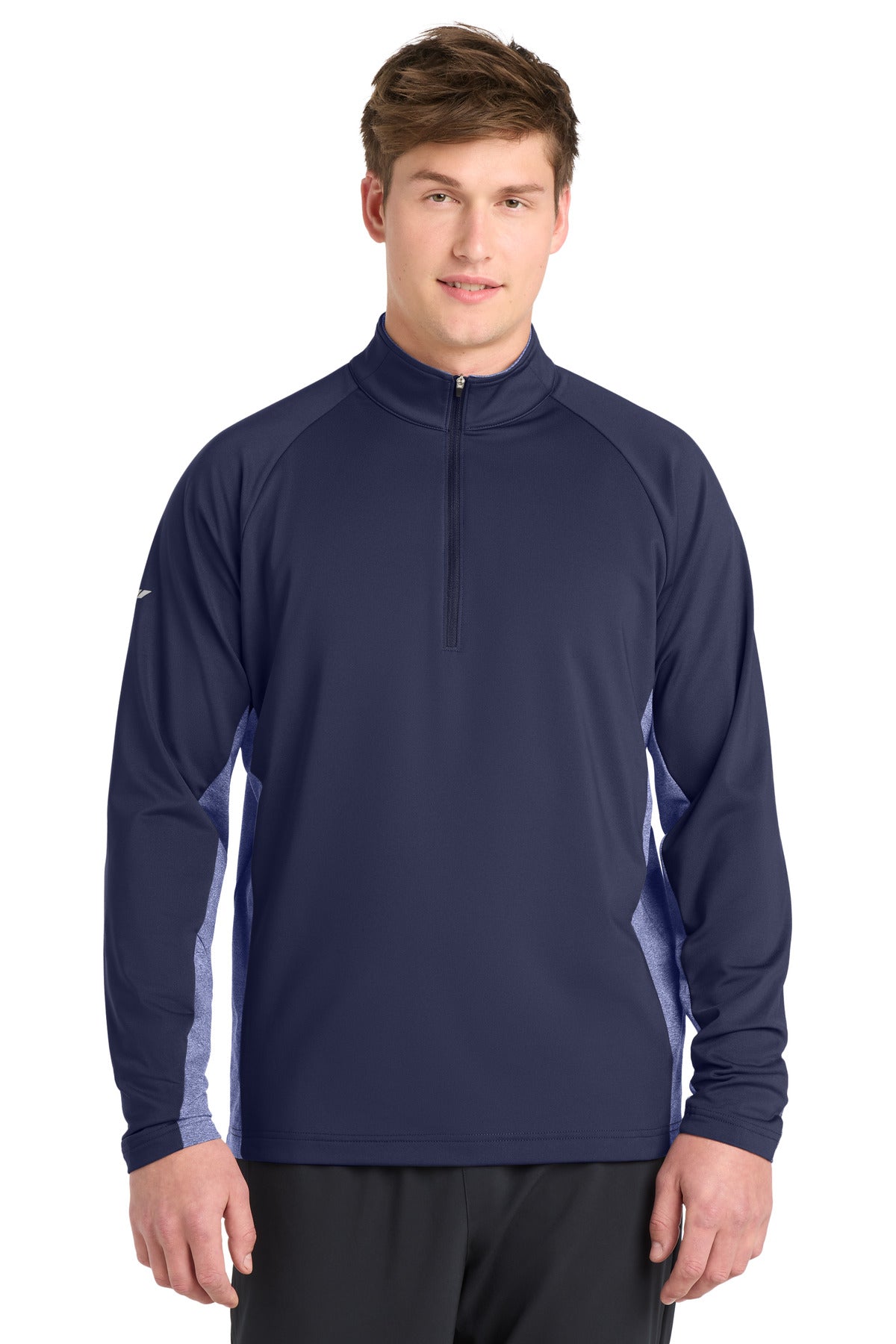 Custom logo Sport-Tek® Sport-Wick® Stretch Contrast 1/4-Zip Pullover. ST854 in True Navy/ True Navy Heather