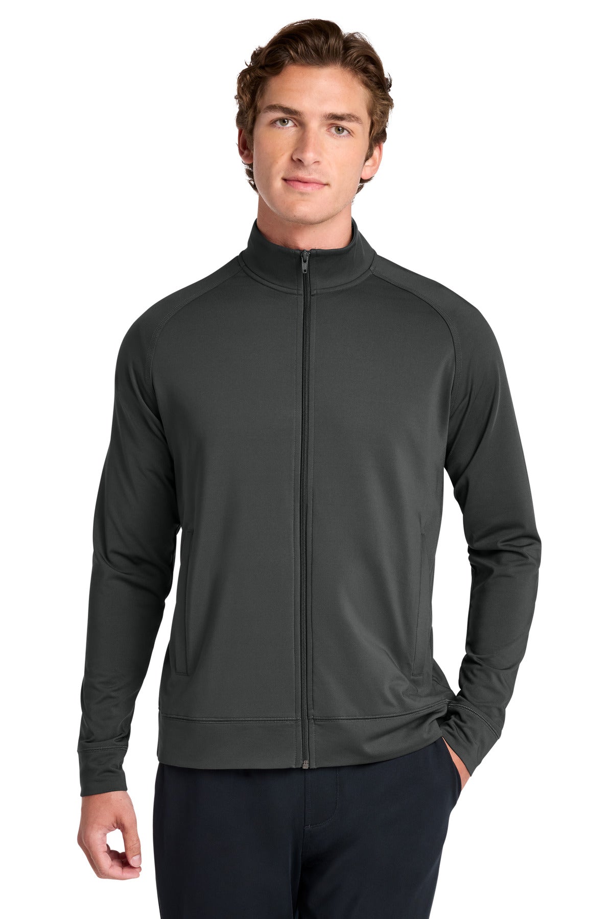 Custom logo Sport-Tek® Sport-Wick® Stretch Full-Zip Cadet Jacket ST857 in Charcoal Grey