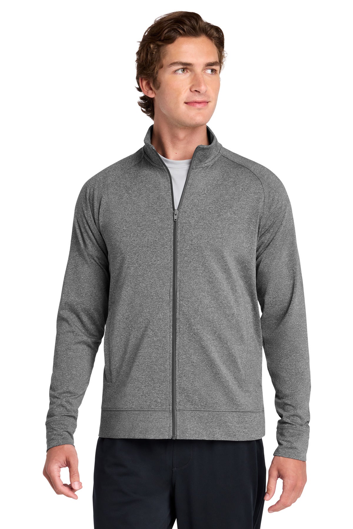 Custom logo Sport-Tek® Sport-Wick® Stretch Full-Zip Cadet Jacket ST857 in Charcoal Grey Heather