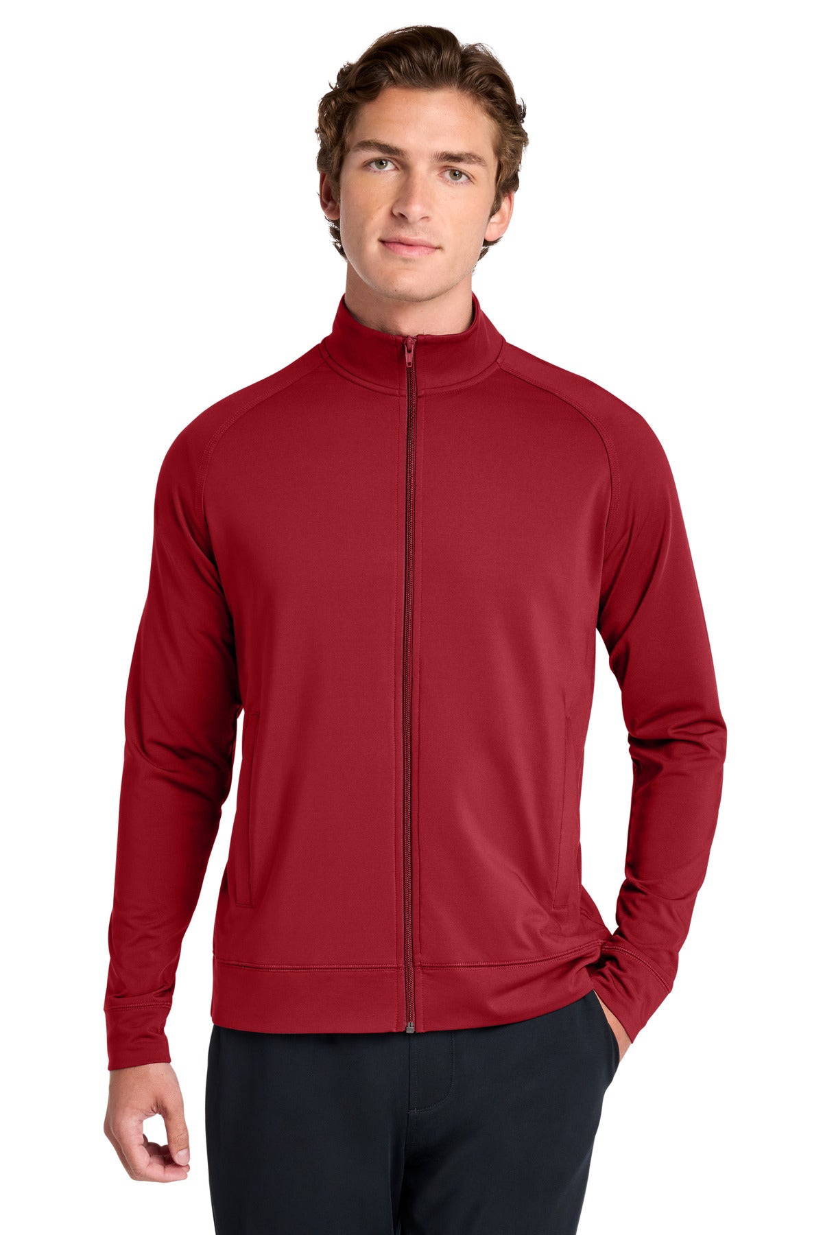 Custom logo Sport-Tek® Sport-Wick® Stretch Full-Zip Cadet Jacket ST857 in Deep Red