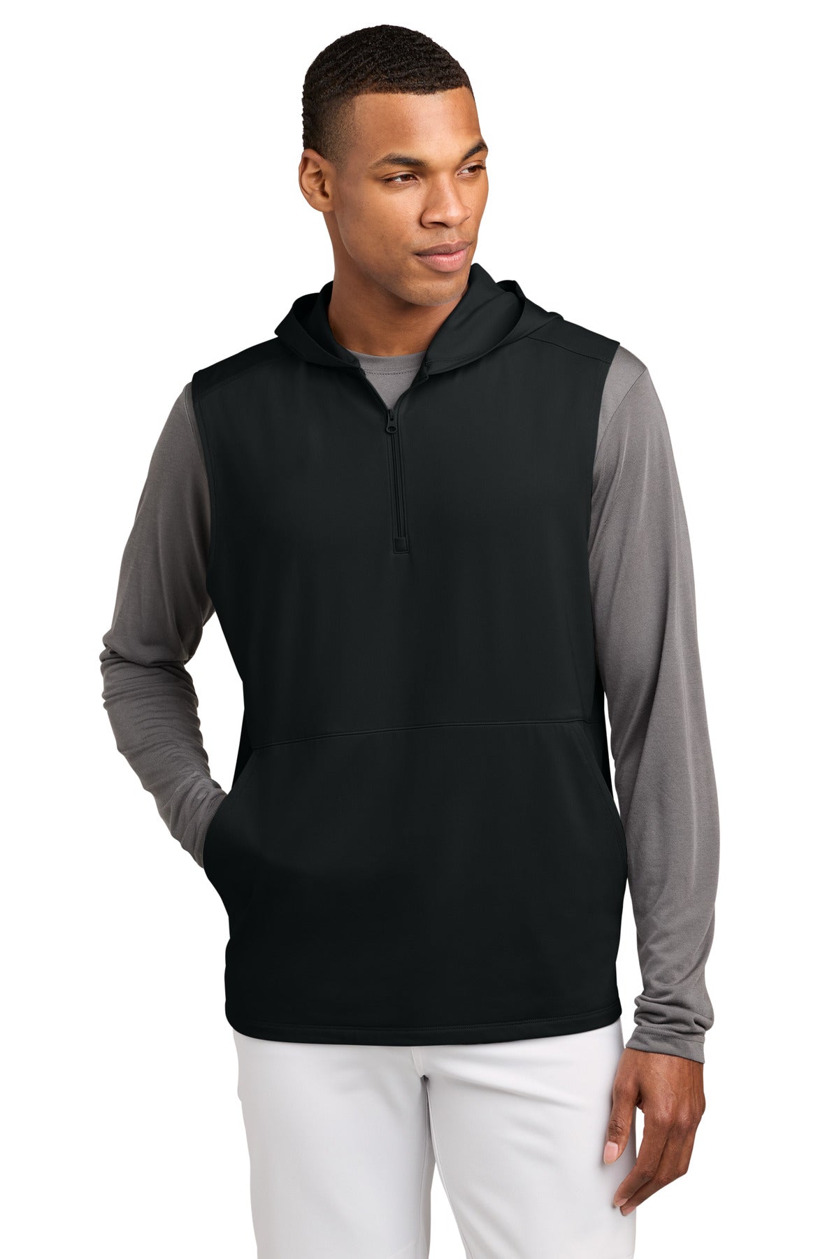 Custom logo Sport-Tek® Sport-Wick® Stretch Sleeveless Hooded 1/4-Zip ST858 in Black