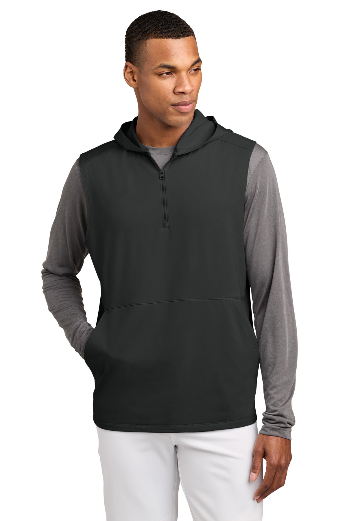 Custom logo Sport-Tek® Sport-Wick® Stretch Sleeveless Hooded 1/4-Zip ST858 in Charcoal Grey
