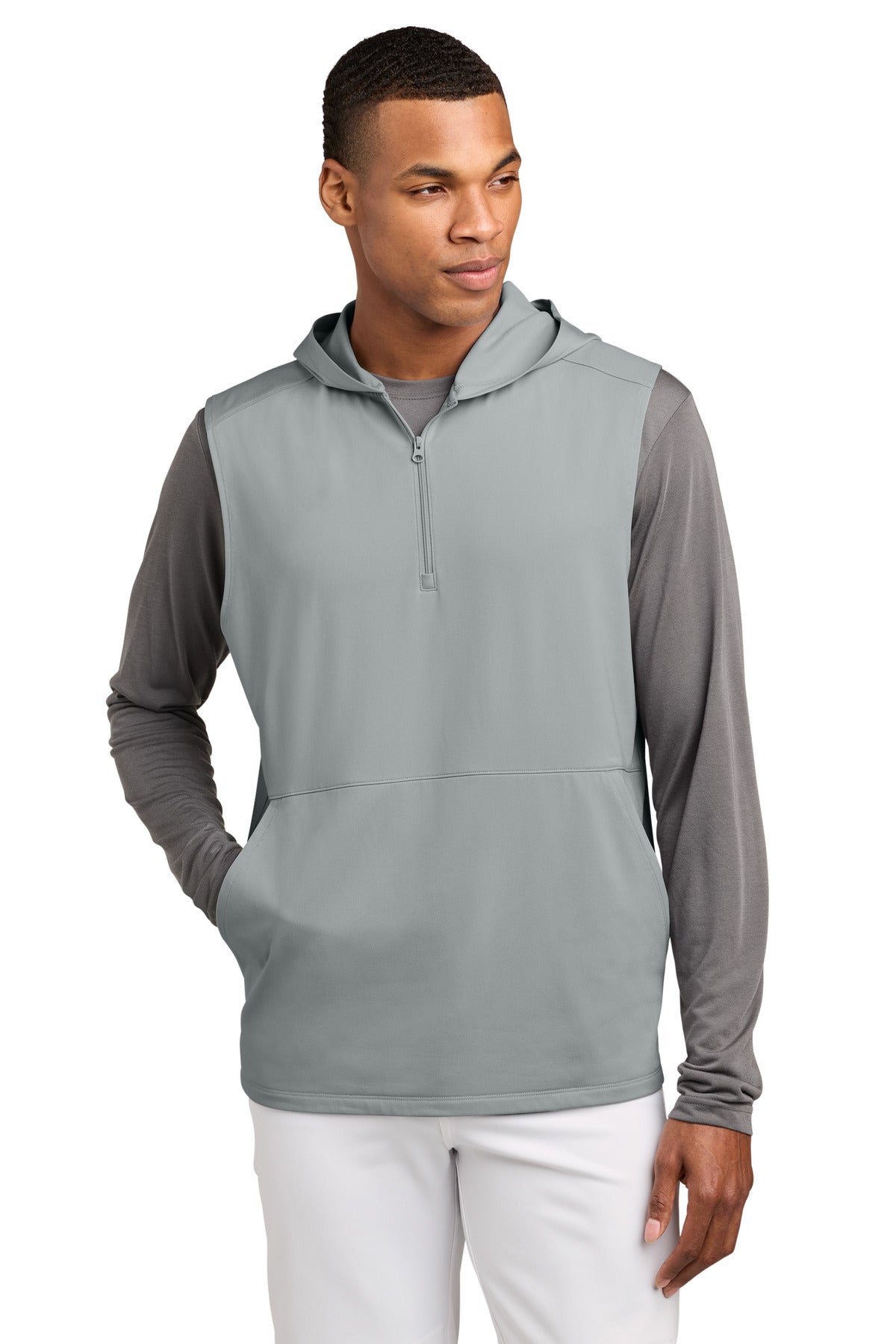 Custom logo Sport-Tek® Sport-Wick® Stretch Sleeveless Hooded 1/4-Zip ST858 in Silver
