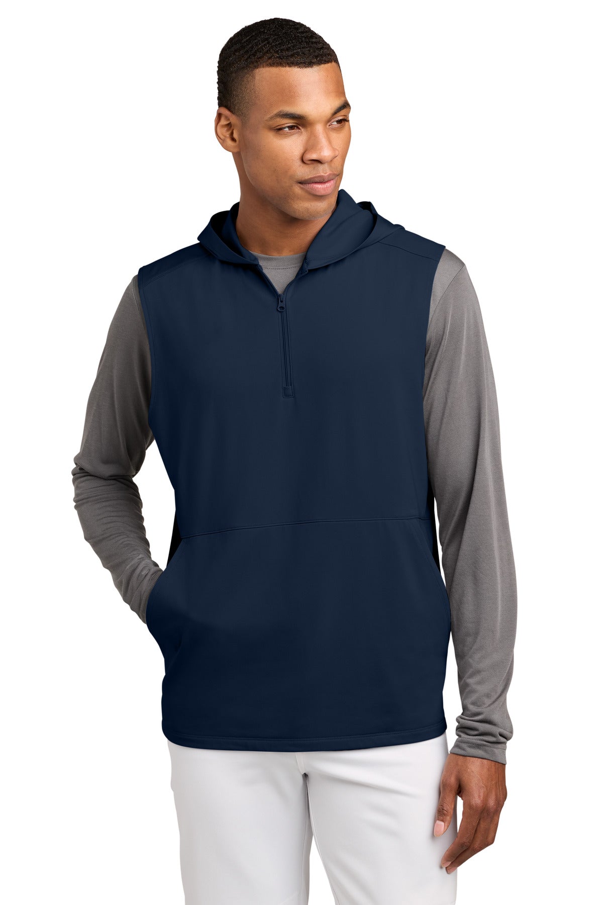 Custom logo Sport-Tek® Sport-Wick® Stretch Sleeveless Hooded 1/4-Zip ST858 in True Navy