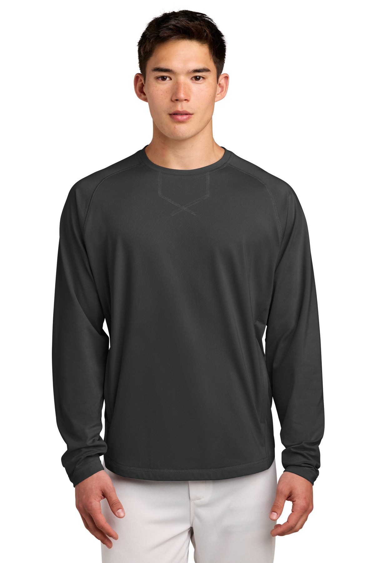 Custom logo Sport-Tek® Sport-Wick® Stretch Pocketed Crewneck ST859 in Charcoal Grey