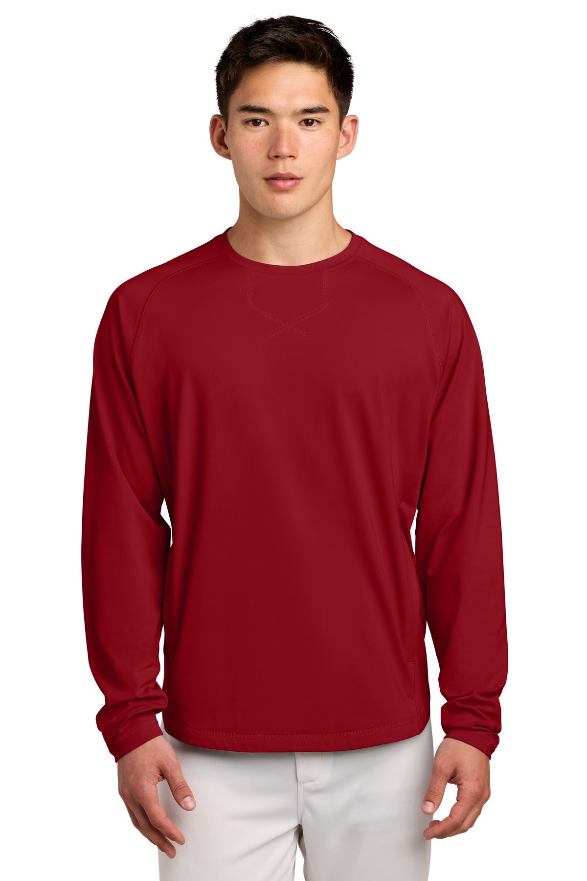 Custom logo Sport-Tek® Sport-Wick® Stretch Pocketed Crewneck ST859 in Deep Red