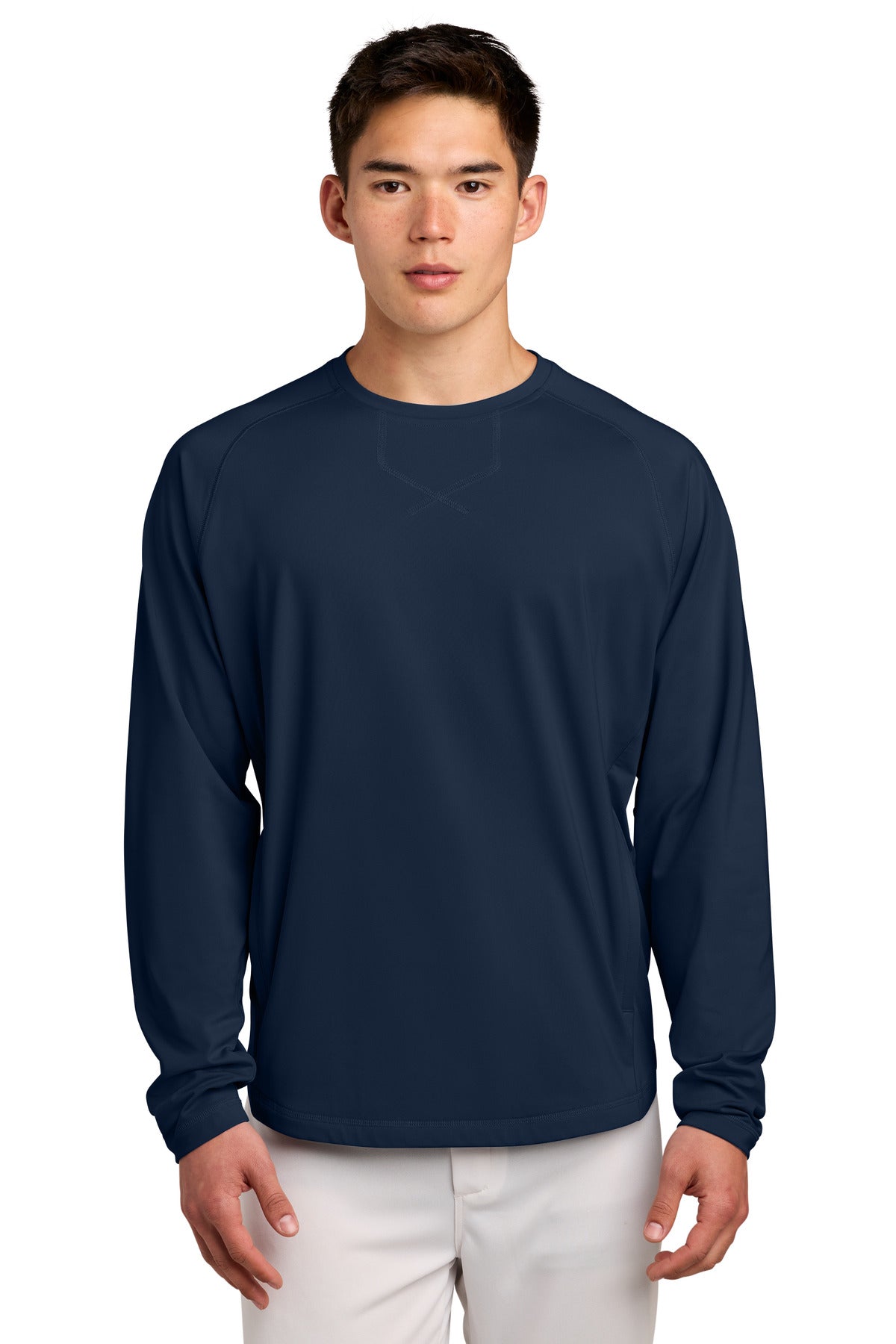 Custom logo Sport-Tek® Sport-Wick® Stretch Pocketed Crewneck ST859 in True Navy