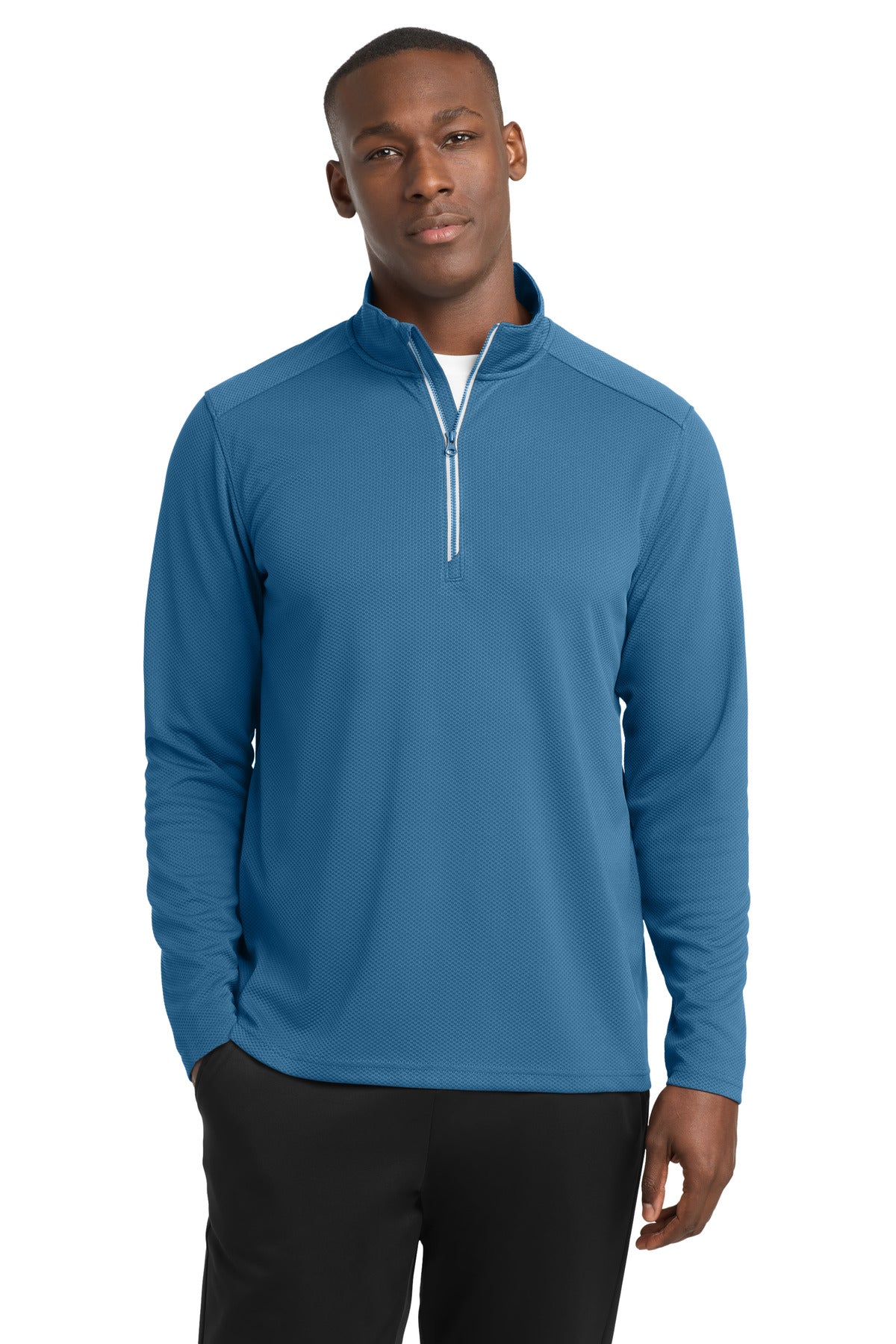 Custom logo Sport-Tek® Sport-Wick® Textured 1/4-Zip Pullover.  ST860 in Dawn Blue