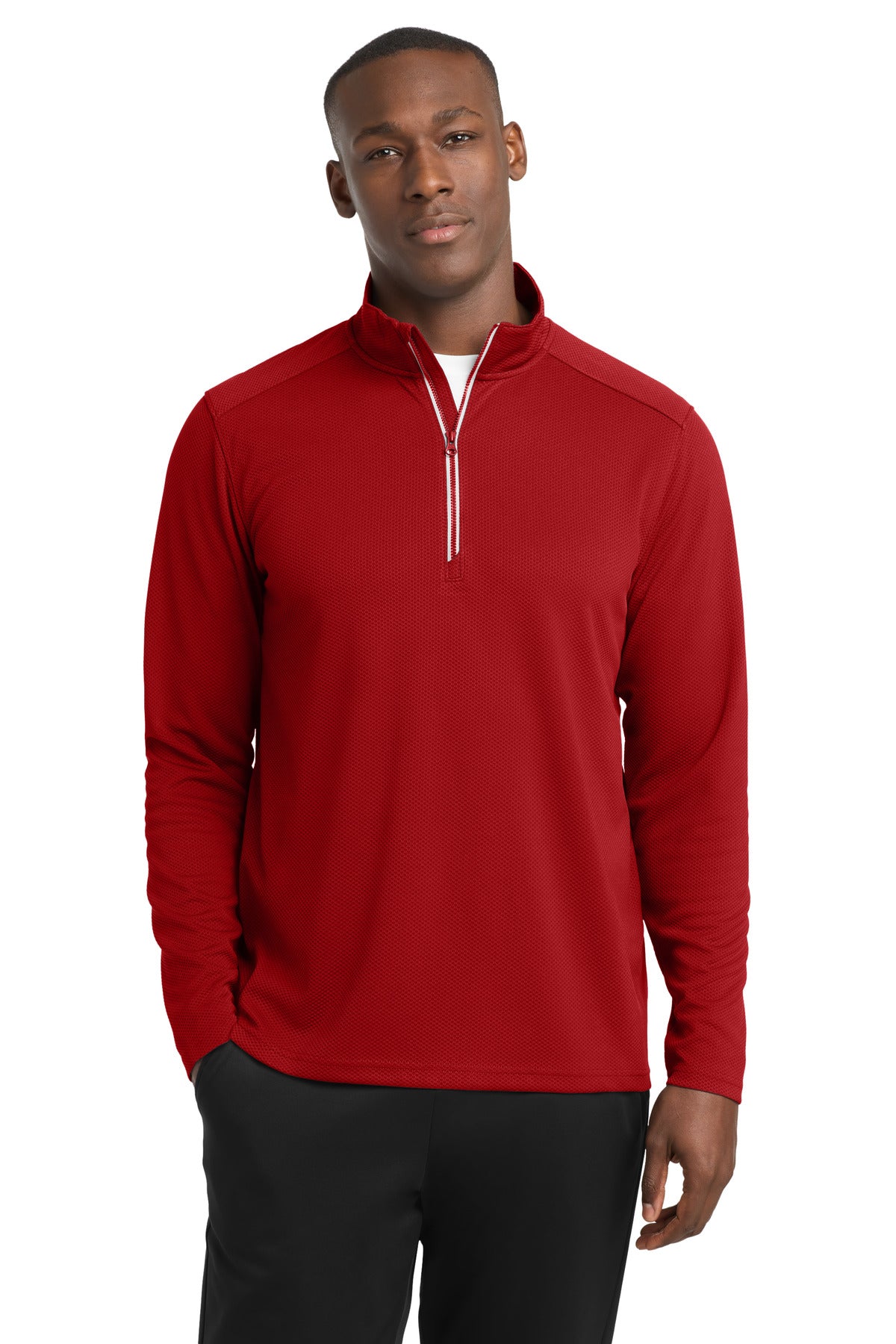 Custom logo Sport-Tek® Sport-Wick® Textured 1/4-Zip Pullover.  ST860 in Deep Red