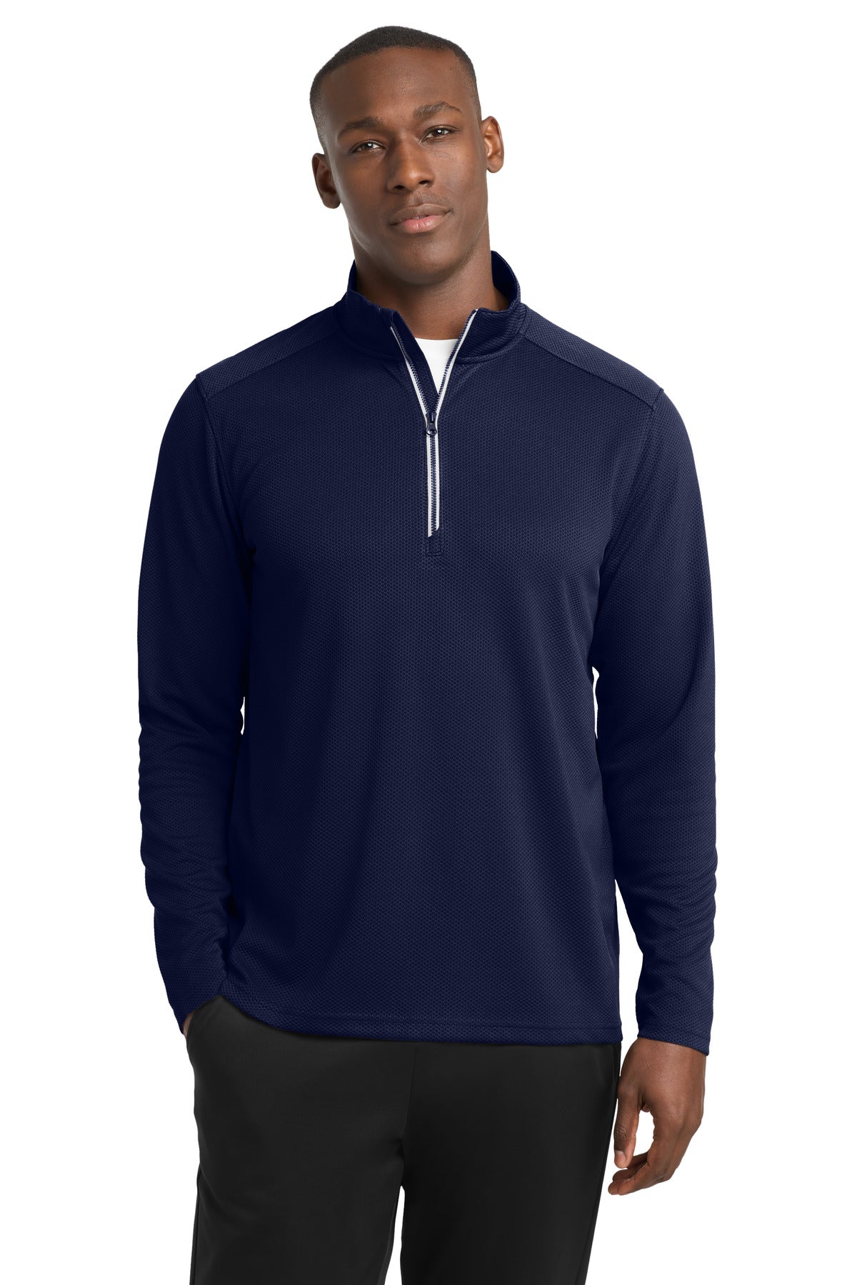 Custom logo Sport-Tek® Sport-Wick® Textured 1/4-Zip Pullover.  ST860 in True Navy