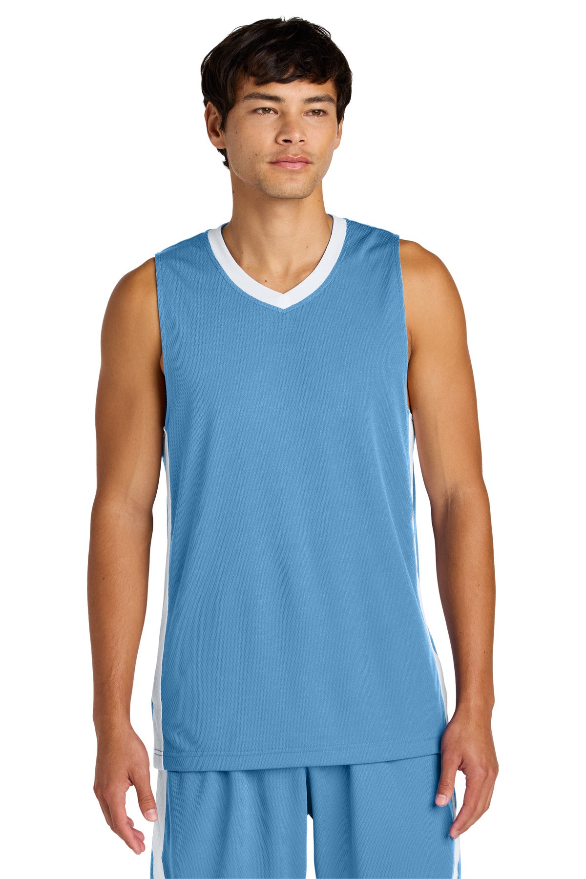 Custom logo Sport-Tek® Rival Basketball Rev Jersey ST900 in Carolina Blue/ White