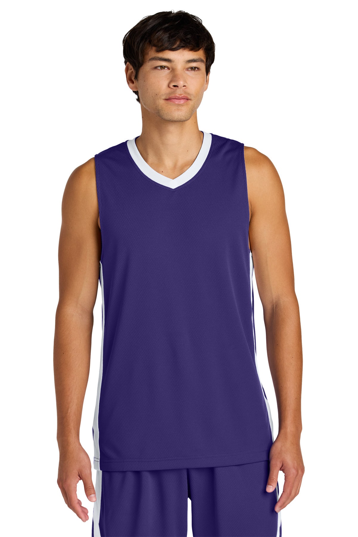 Custom logo Sport-Tek® Rival Basketball Rev Jersey ST900 in Purple/ White