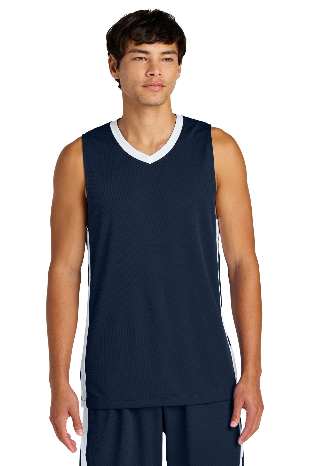 Custom logo Sport-Tek® Rival Basketball Rev Jersey ST900 in True Navy/ White