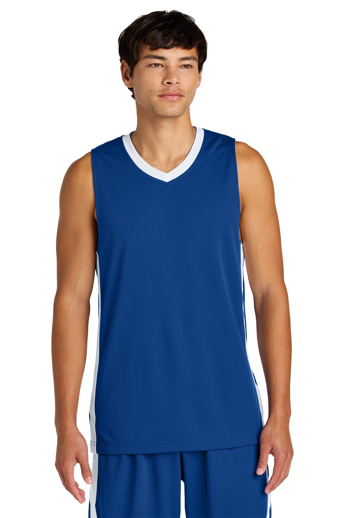 Custom logo Sport-Tek® Rival Basketball Rev Jersey ST900 in True Royal/ White