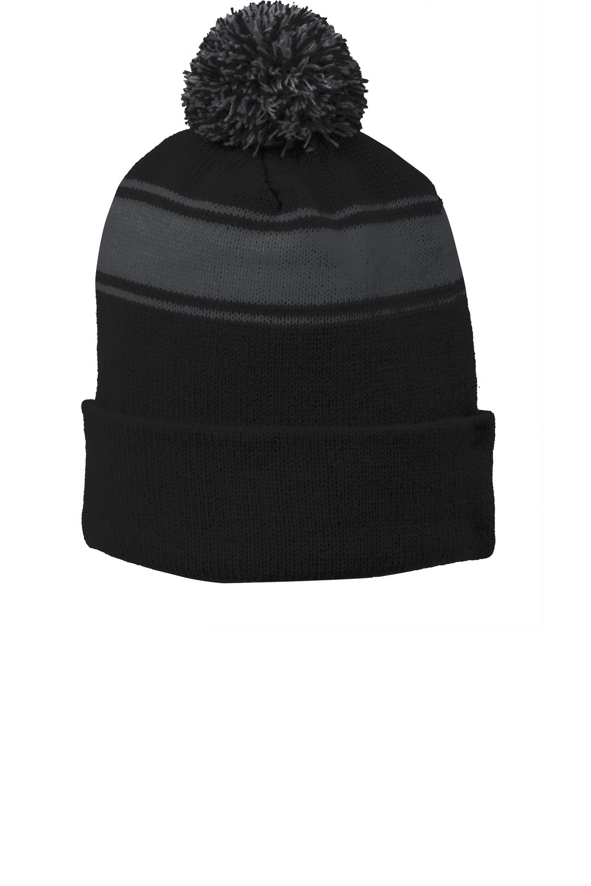 Custom logo Sport-Tek® Stripe Pom Pom Beanie.  STC28 in Black/ Iron Grey