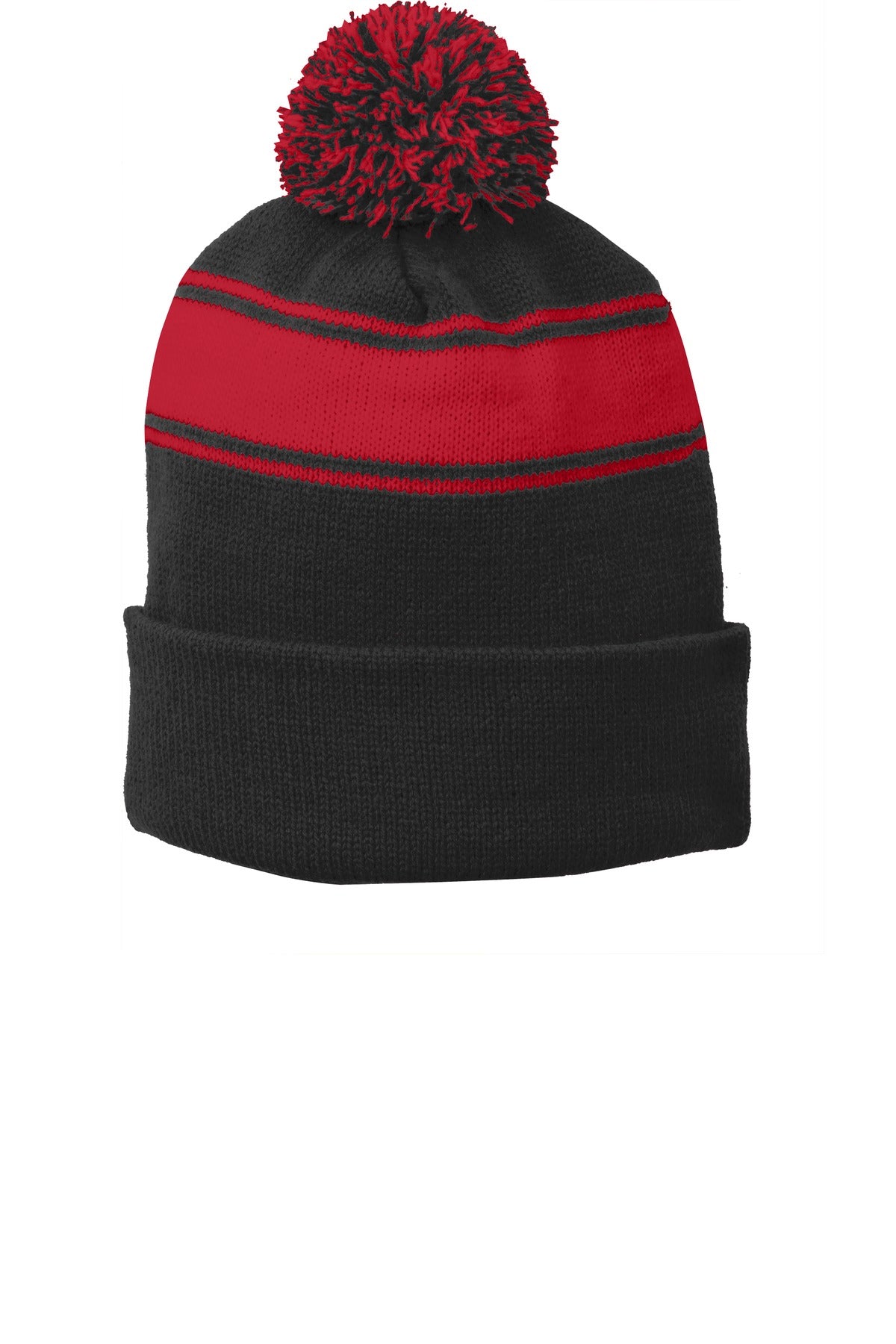 Custom logo Sport-Tek® Stripe Pom Pom Beanie.  STC28 in Black/ True Red