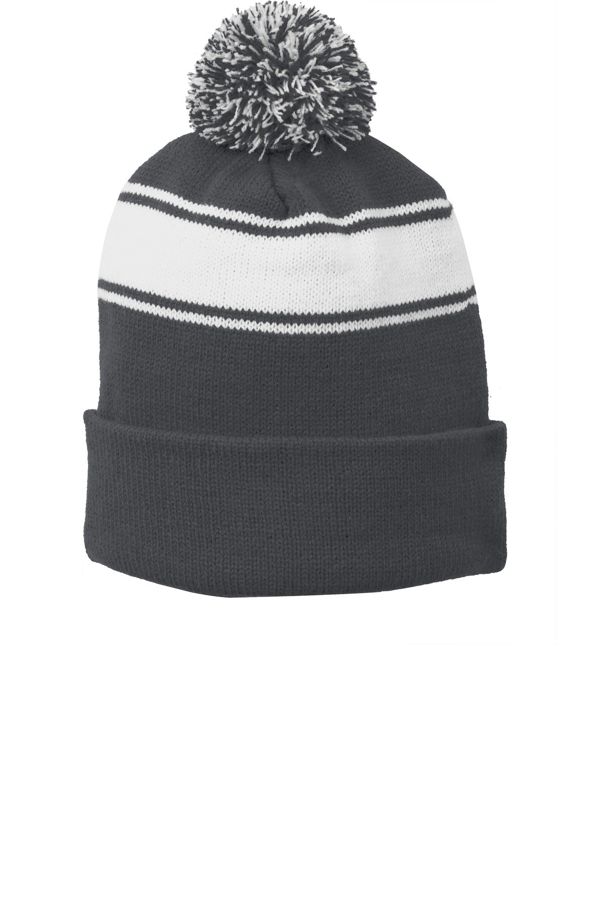 Custom logo Sport-Tek® Stripe Pom Pom Beanie.  STC28 in Iron Grey/ White