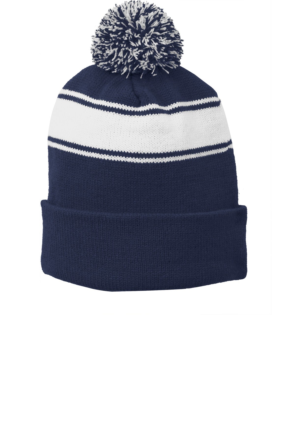 Custom logo Sport-Tek® Stripe Pom Pom Beanie.  STC28 in True Navy/ White