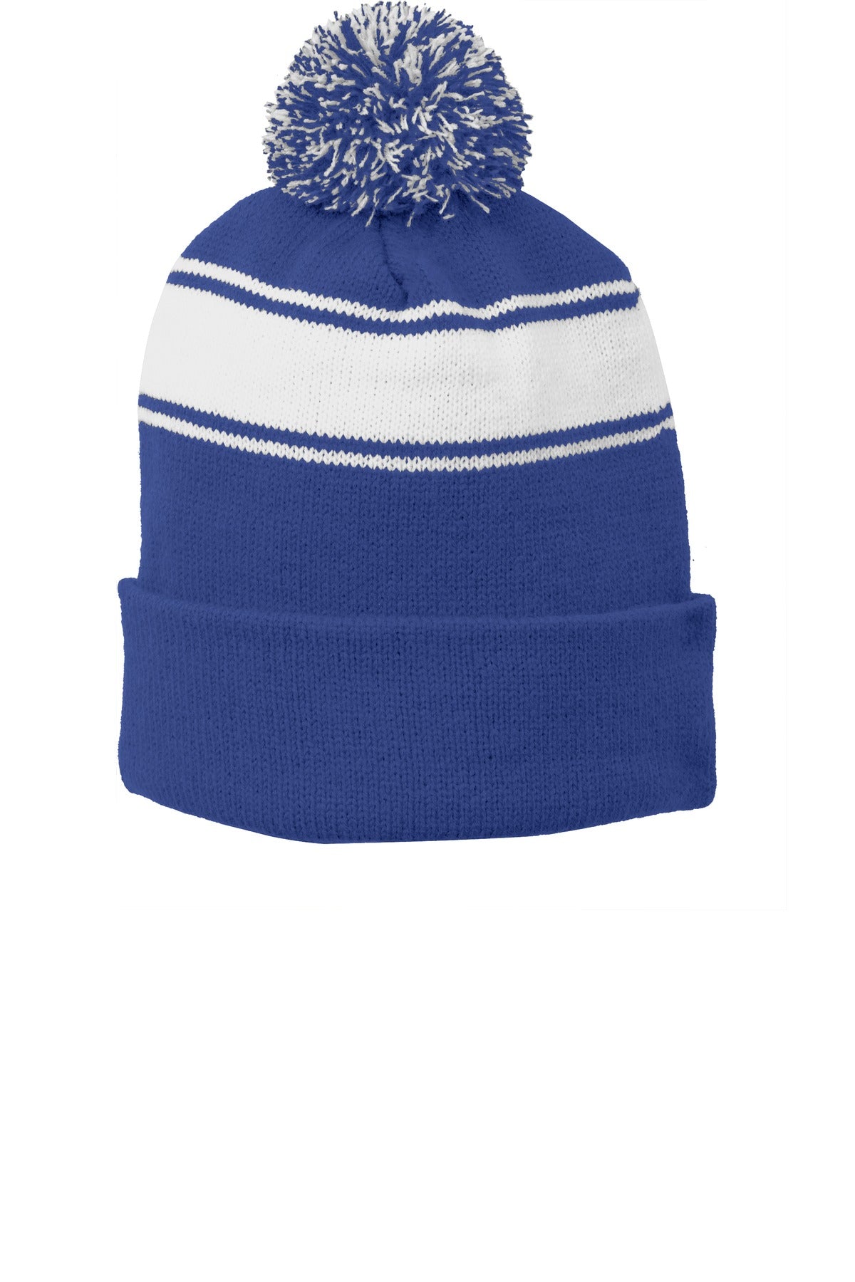 Custom logo Sport-Tek® Stripe Pom Pom Beanie.  STC28 in True Royal/ White