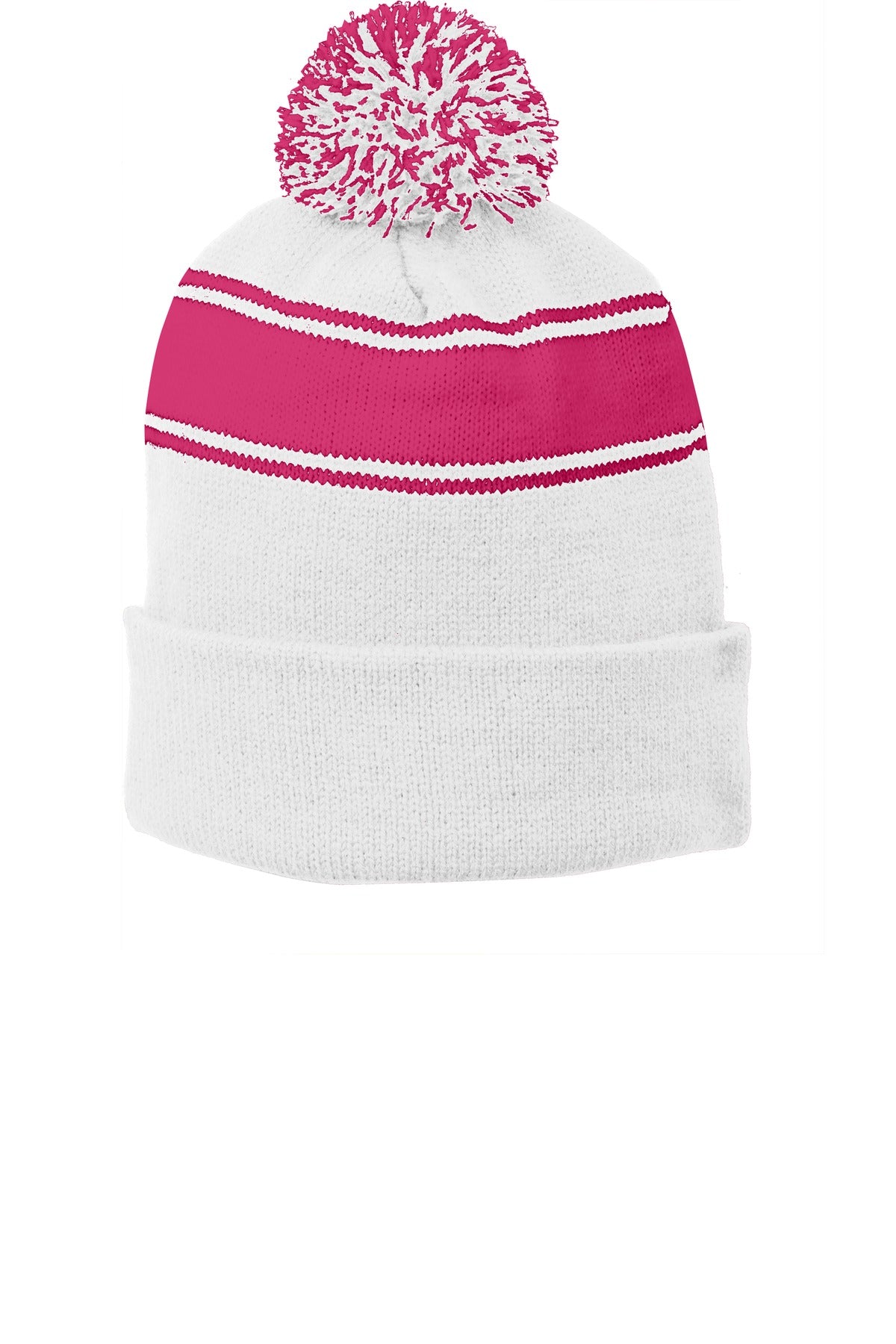Custom logo Sport-Tek® Stripe Pom Pom Beanie.  STC28 in White/ Pink Raspberry