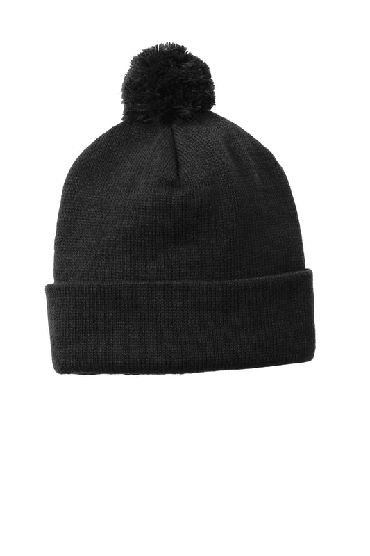 Custom logo Sport-Tek ® Solid Pom Pom Beanie. STC37 in Black