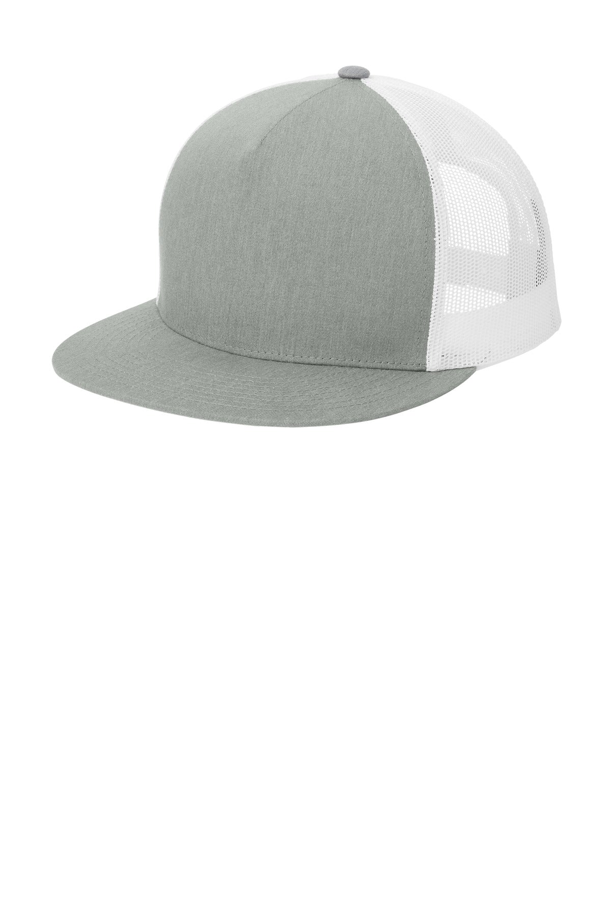 Custom logo Sport-Tek® YP Classics ® 5-Panel Classic Trucker Mesh Back Cap. STC38 in Heather Grey/ White