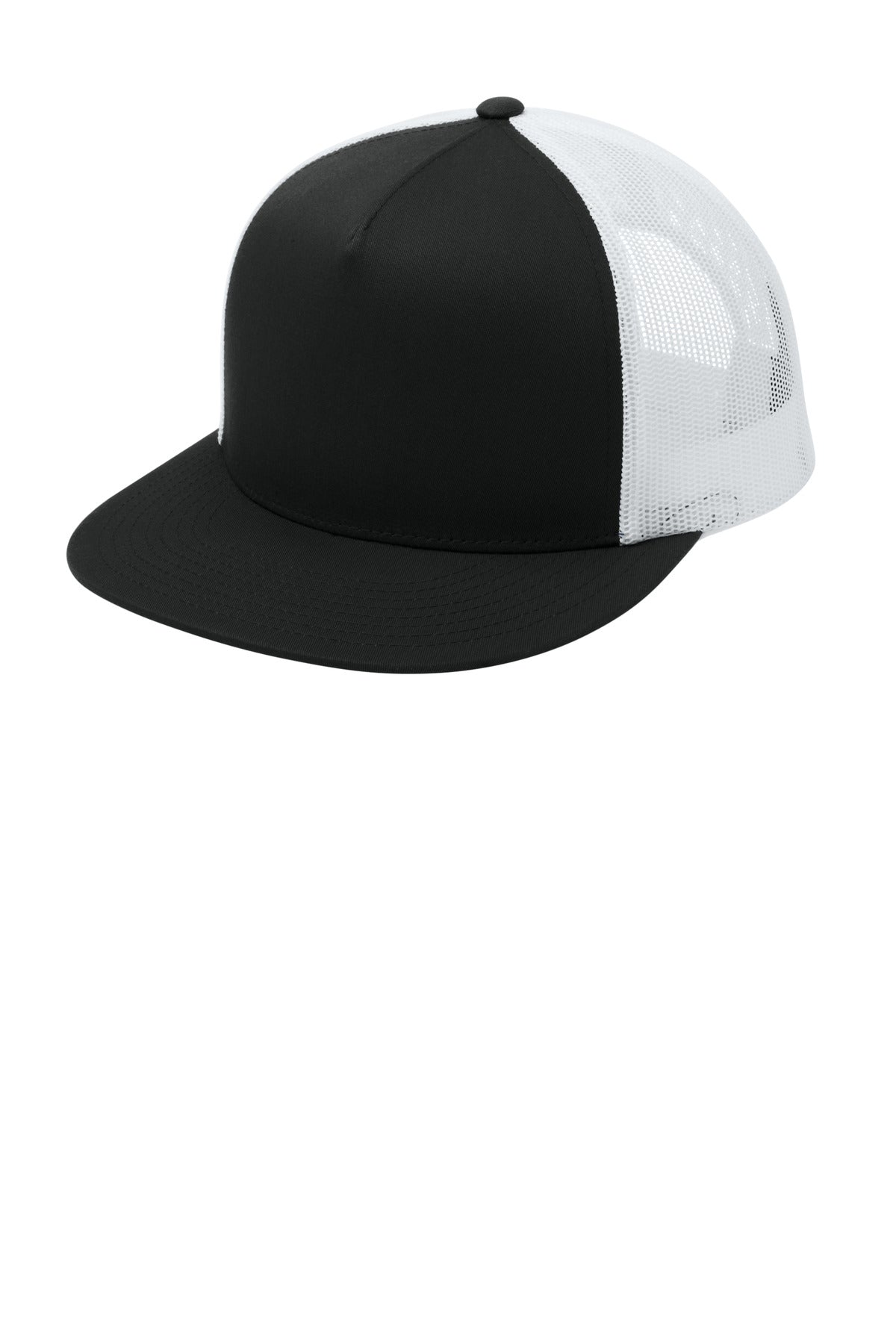 Custom logo Sport-Tek® YP Classics ® 5-Panel Classic Trucker Mesh Back Cap. STC38 in Black/ White