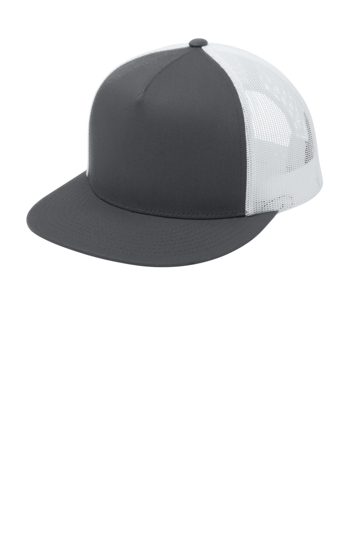 Custom logo Sport-Tek® YP Classics ® 5-Panel Classic Trucker Mesh Back Cap. STC38 in Graphite/ White