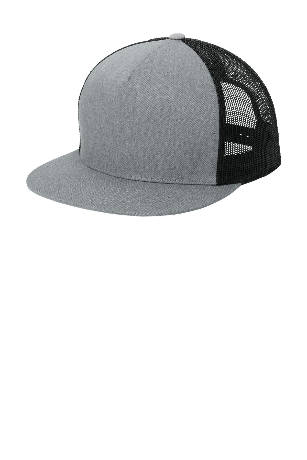 Custom logo Sport-Tek® YP Classics ® 5-Panel Classic Trucker Mesh Back Cap. STC38 in Heather Grey/ Black