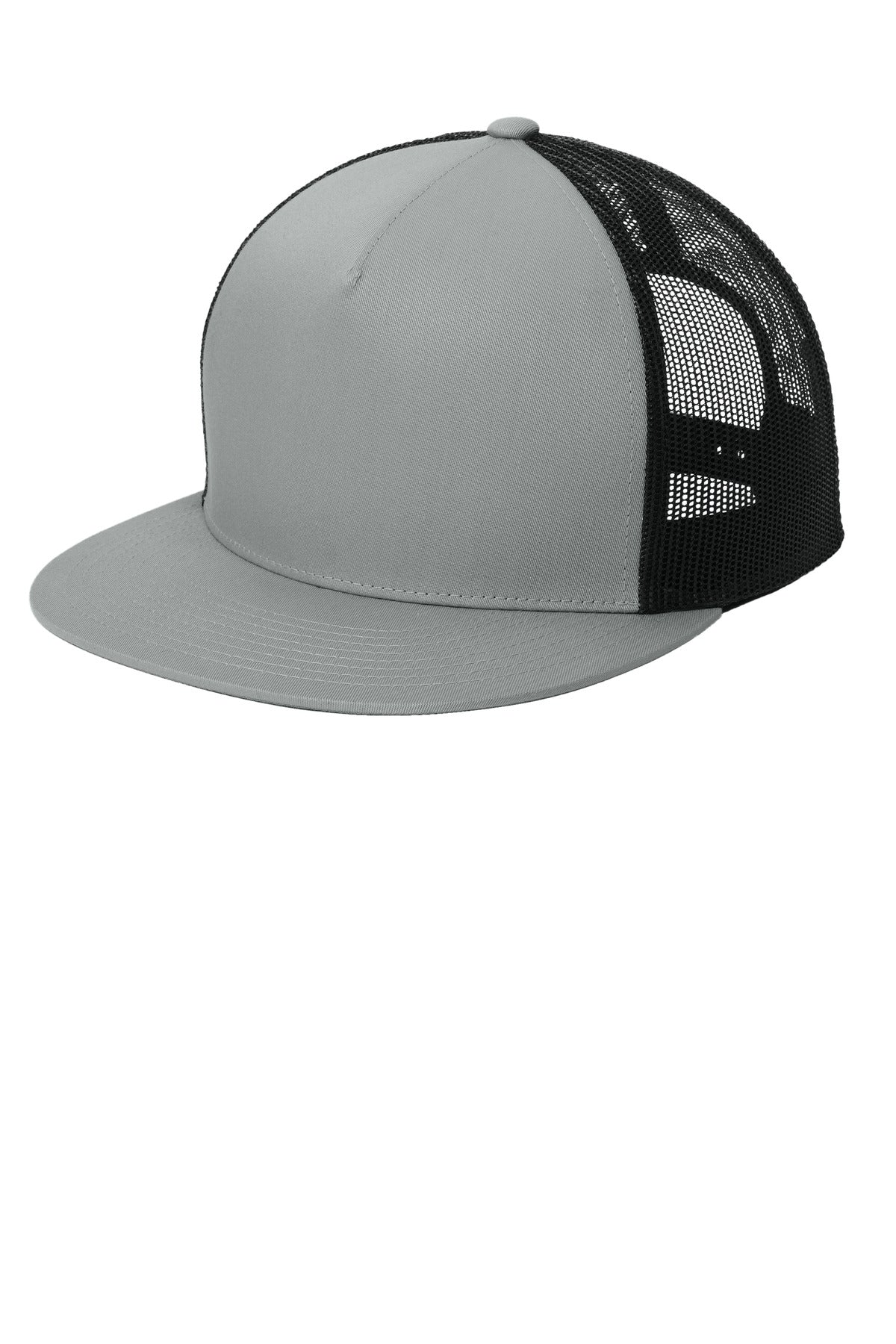 Custom logo Sport-Tek® YP Classics ® 5-Panel Classic Trucker Mesh Back Cap. STC38 in Silver/ Black