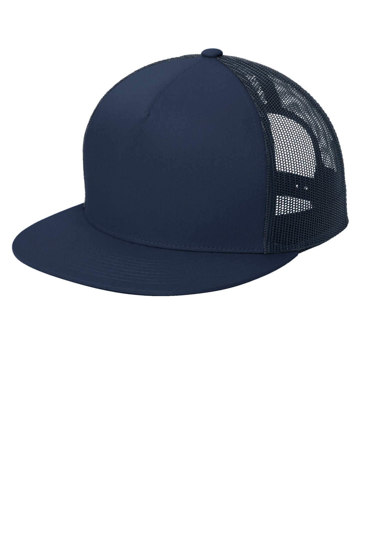 Custom logo Sport-Tek® YP Classics ® 5-Panel Classic Trucker Mesh Back Cap. STC38 in True Navy/ True Navy
