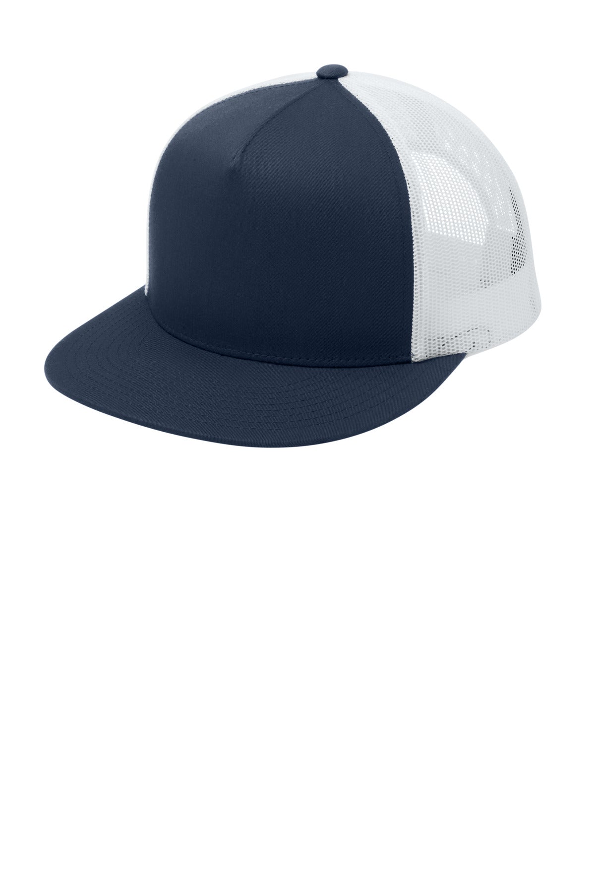 Custom logo Sport-Tek® YP Classics ® 5-Panel Classic Trucker Mesh Back Cap. STC38 in True Navy/ White