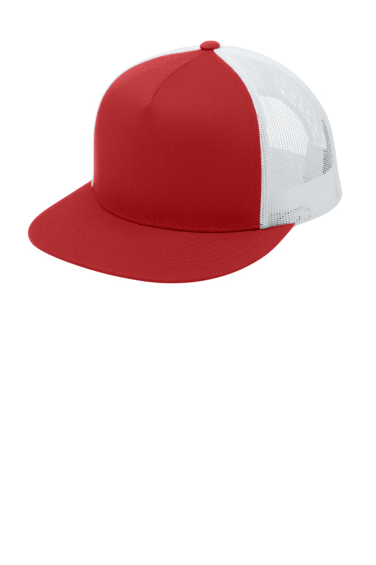 Custom logo Sport-Tek® YP Classics ® 5-Panel Classic Trucker Mesh Back Cap. STC38 in True Red/ White