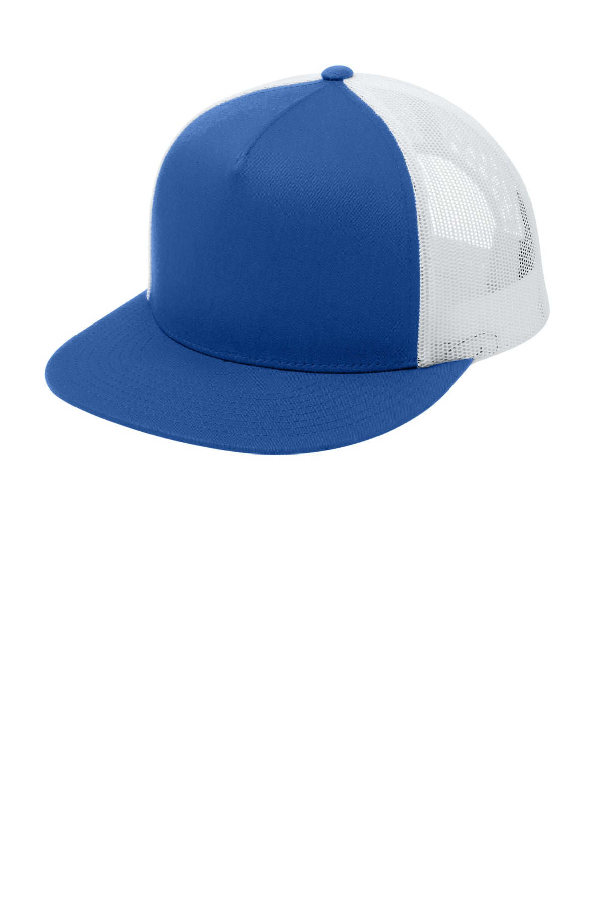 Custom logo Sport-Tek® YP Classics ® 5-Panel Classic Trucker Mesh Back Cap. STC38 in True Royal/ White