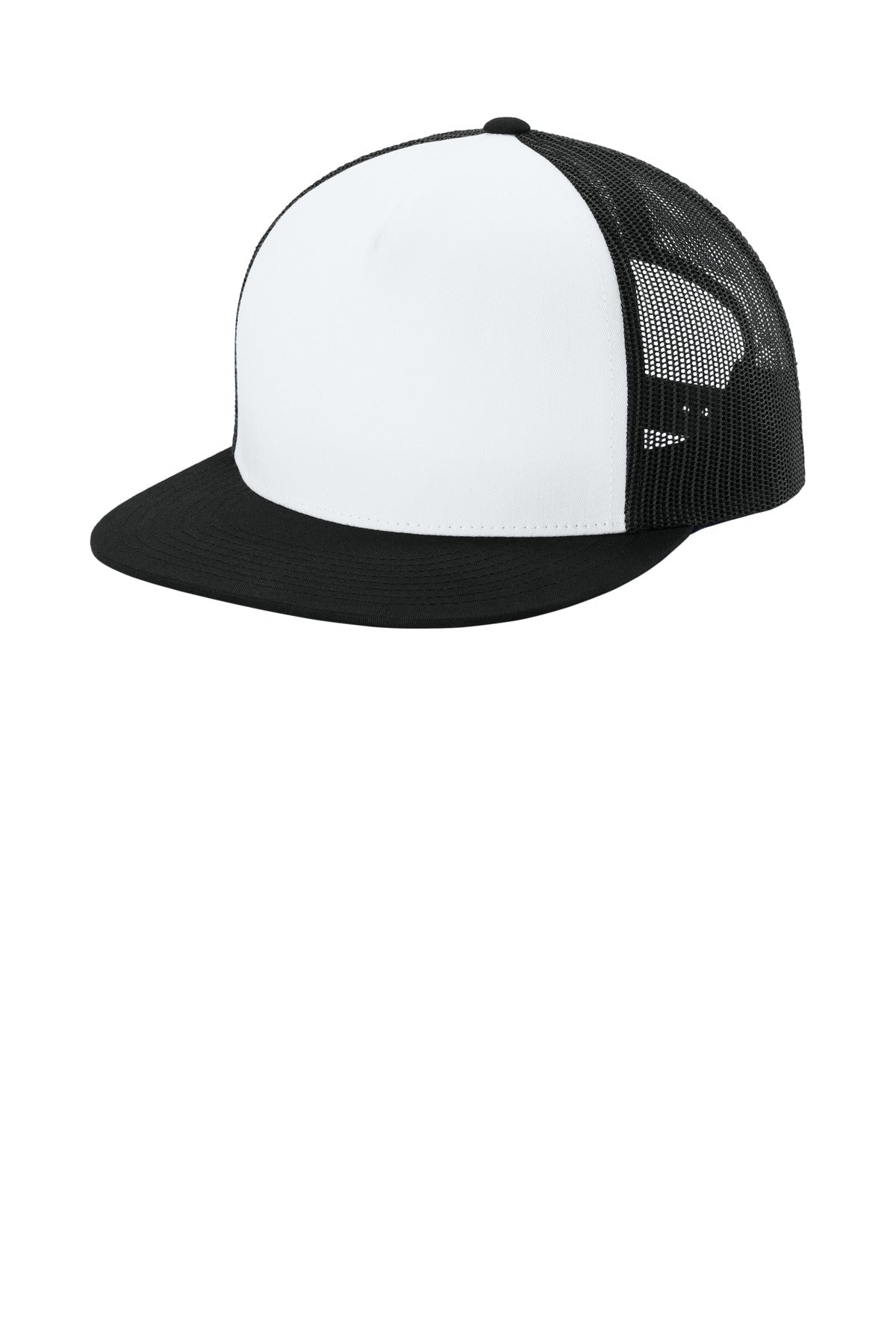 Custom logo Sport-Tek® YP Classics ® 5-Panel Classic Trucker Mesh Back Cap. STC38 in White/ Black/ Black