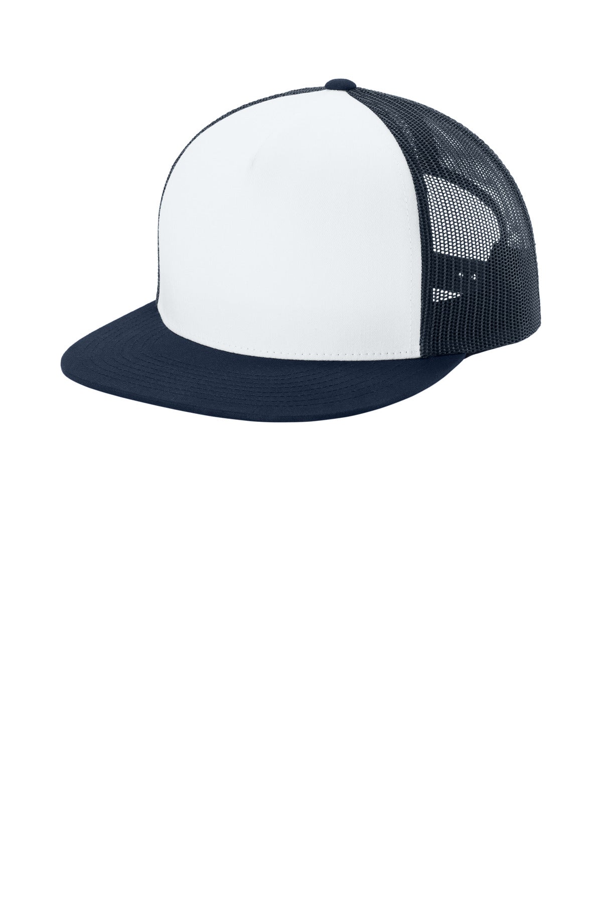 Custom logo Sport-Tek® YP Classics ® 5-Panel Classic Trucker Mesh Back Cap. STC38 in White/ True Navy/ True Navy