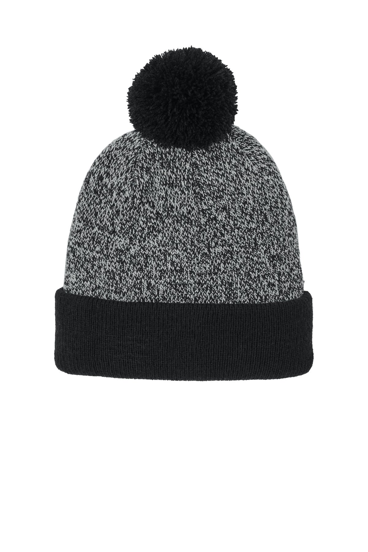 Custom logo Sport-Tek® Halftime Heather Pom Beanie STC68 in Black/ Silver