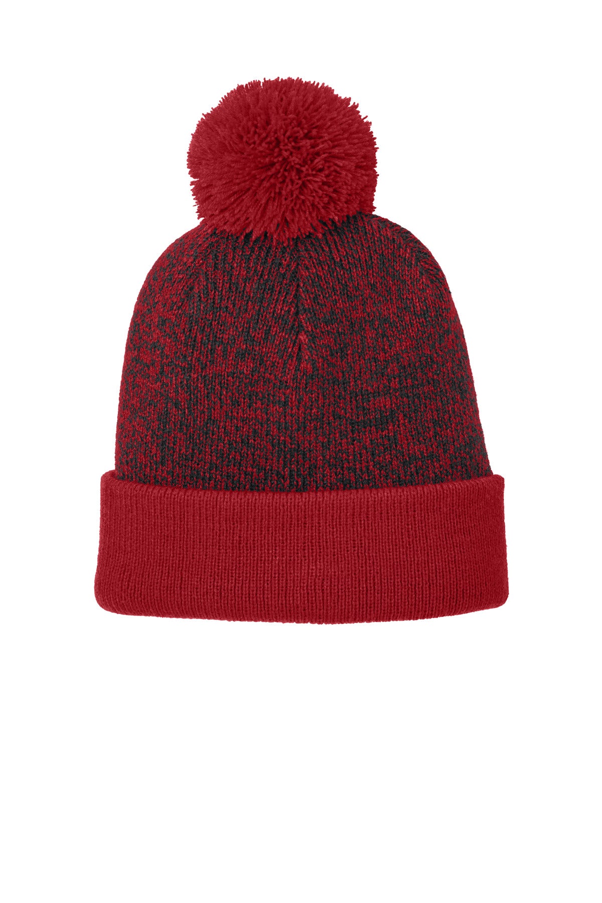 Custom logo Sport-Tek® Halftime Heather Pom Beanie STC68 in Deep Red/ Black