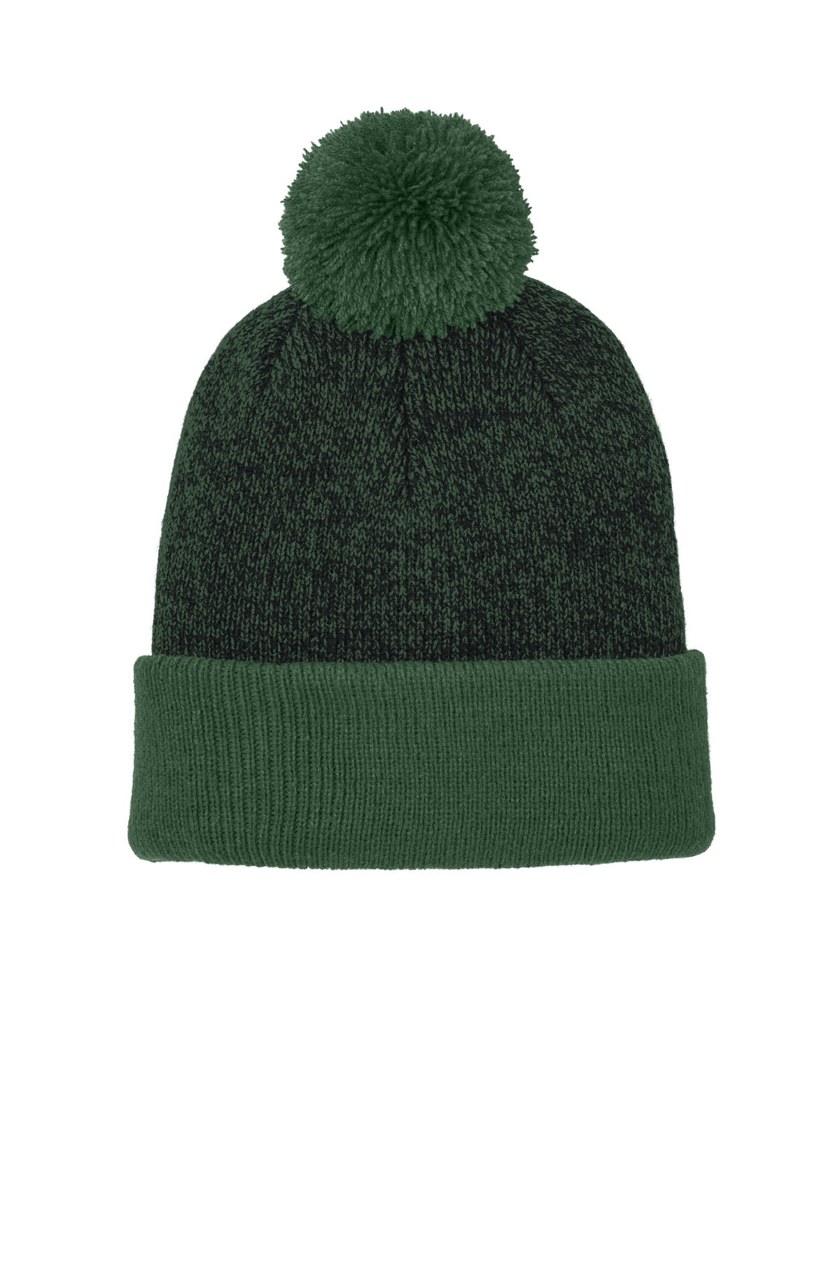 Custom logo Sport-Tek® Halftime Heather Pom Beanie STC68 in Forest Green/ Black