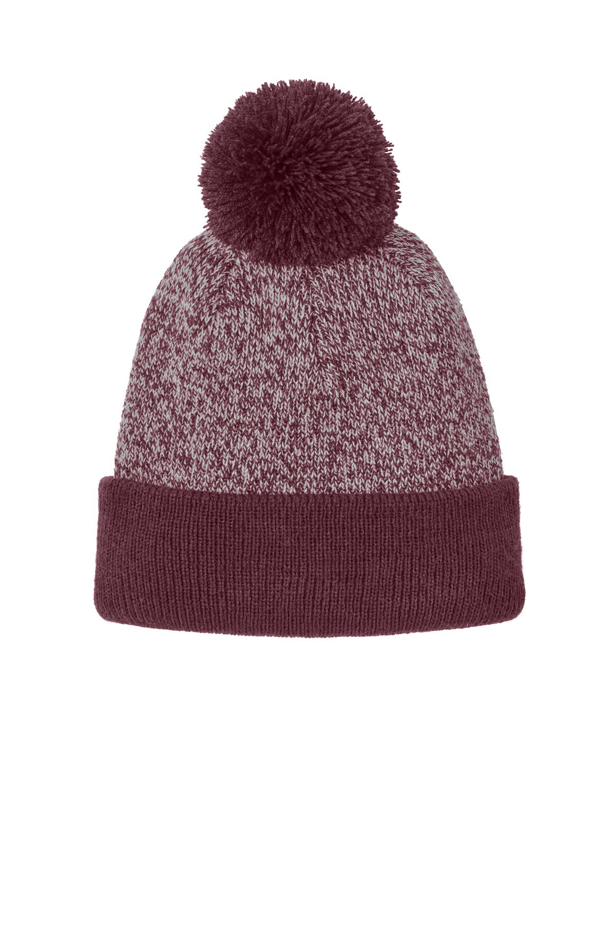 Custom logo Sport-Tek® Halftime Heather Pom Beanie STC68 in Maroon/ Silver