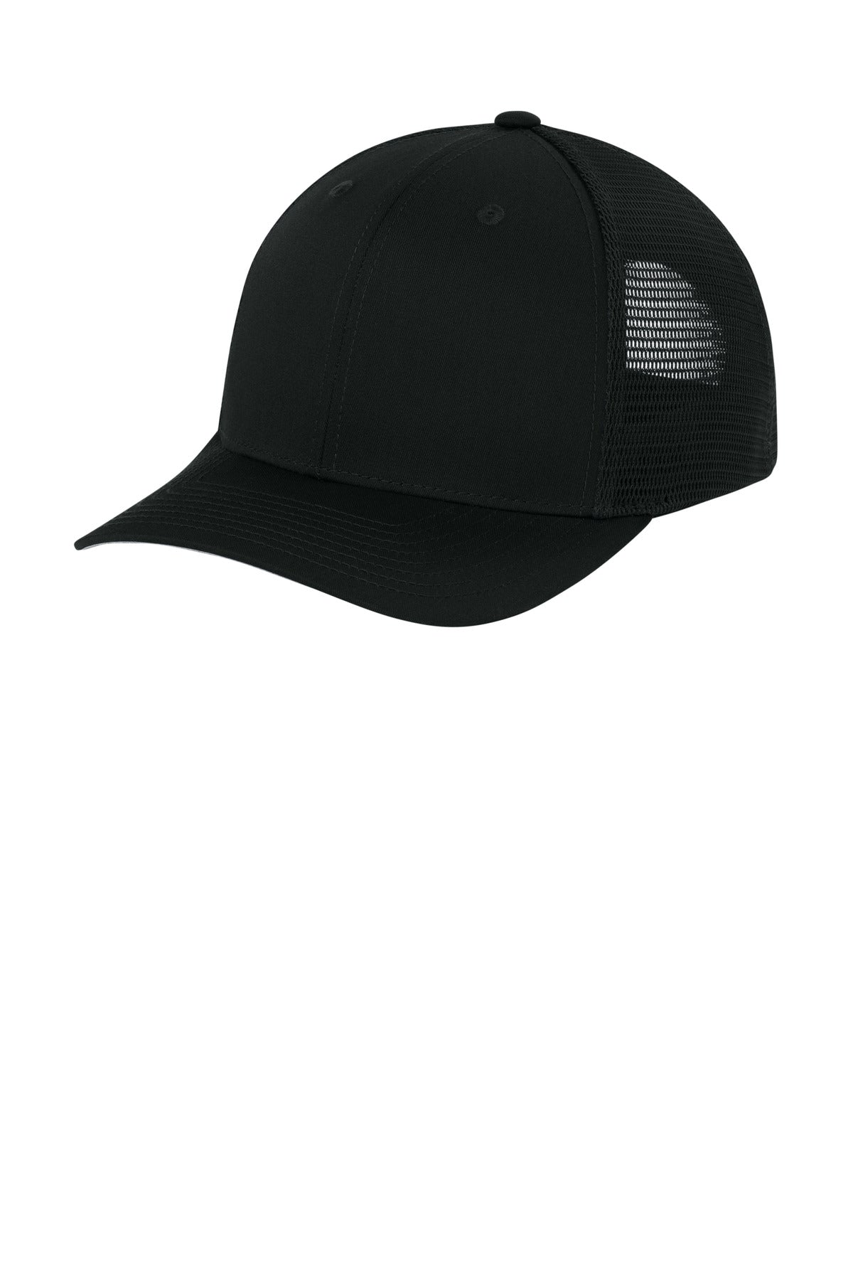 Custom logo Sport-Tek® Stretch-Tek Snapback Trucker Cap STC74 in Black/ Black